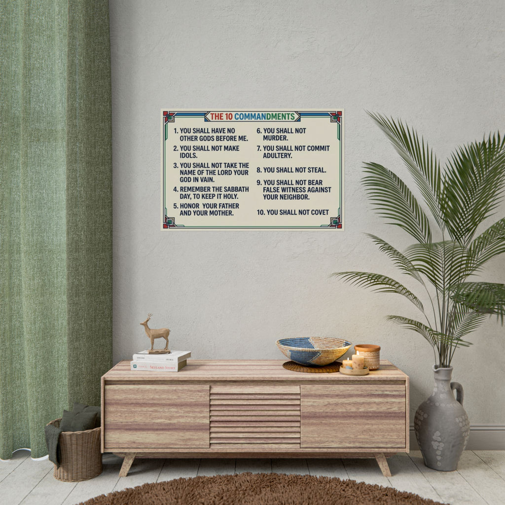 Framed 'The 10 Commandments' poster on a wall above a wooden console table with decor items.
