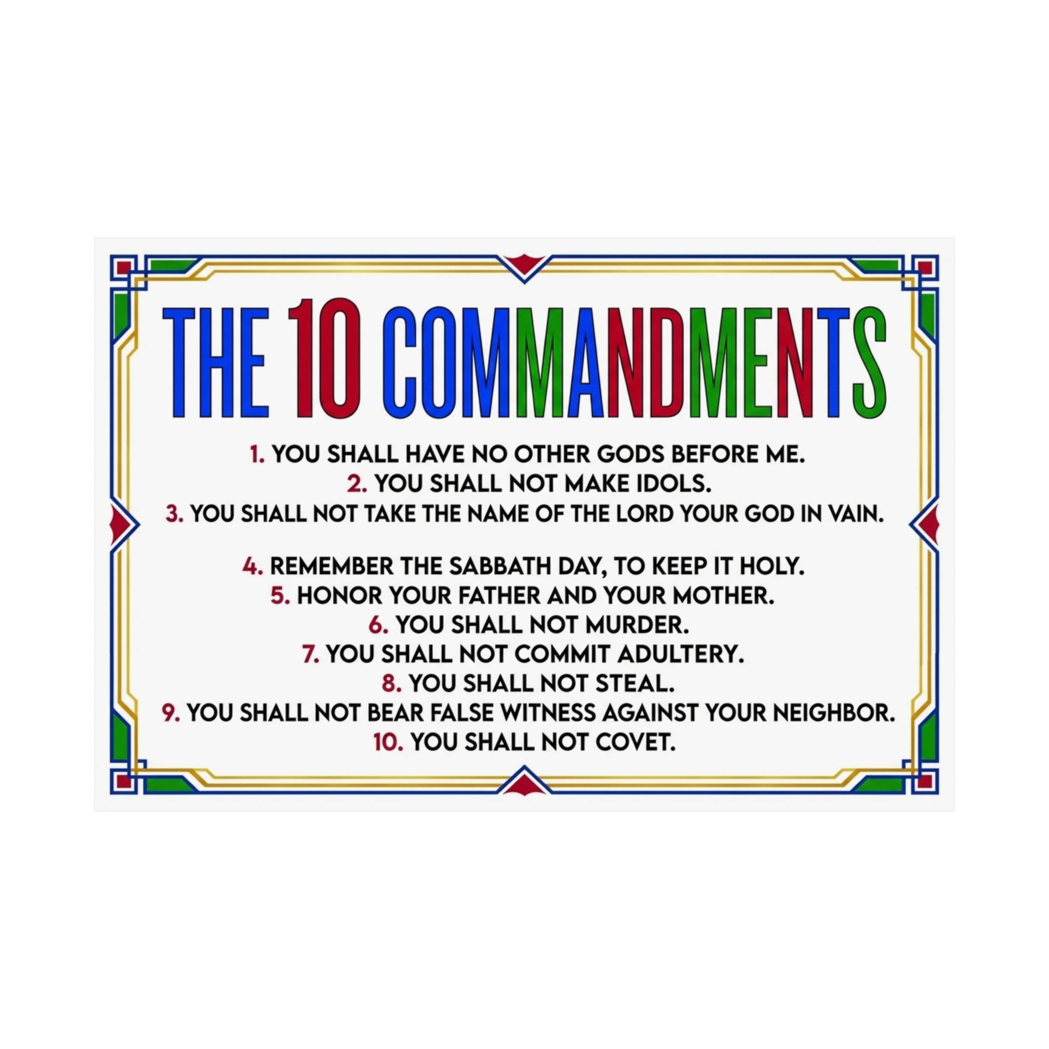 The 10 Commandments Matte Poster — Colorful Religious words from God by LiLTay (Horizontal) 2 sizes