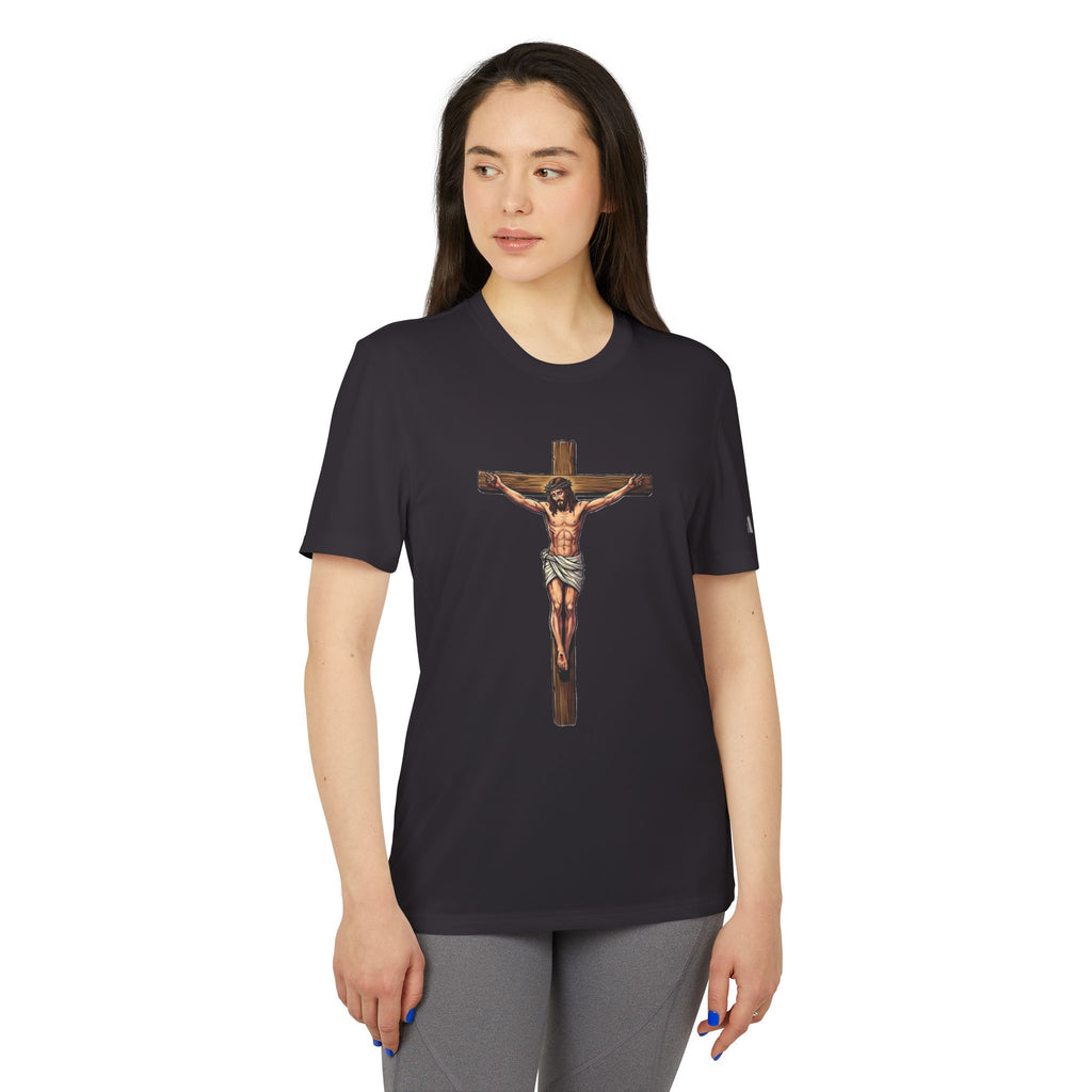 Jesus Crucifix adidas Unisex Sport T-shirt — Christian Faith Graphic Tee by LiLTay