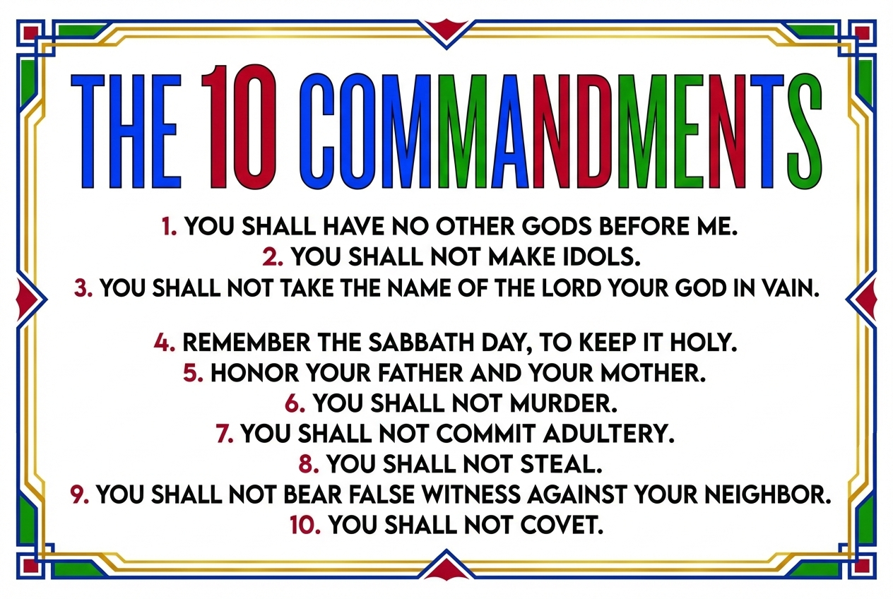 Colorful poster of The 10 Commandments with a decorative border.