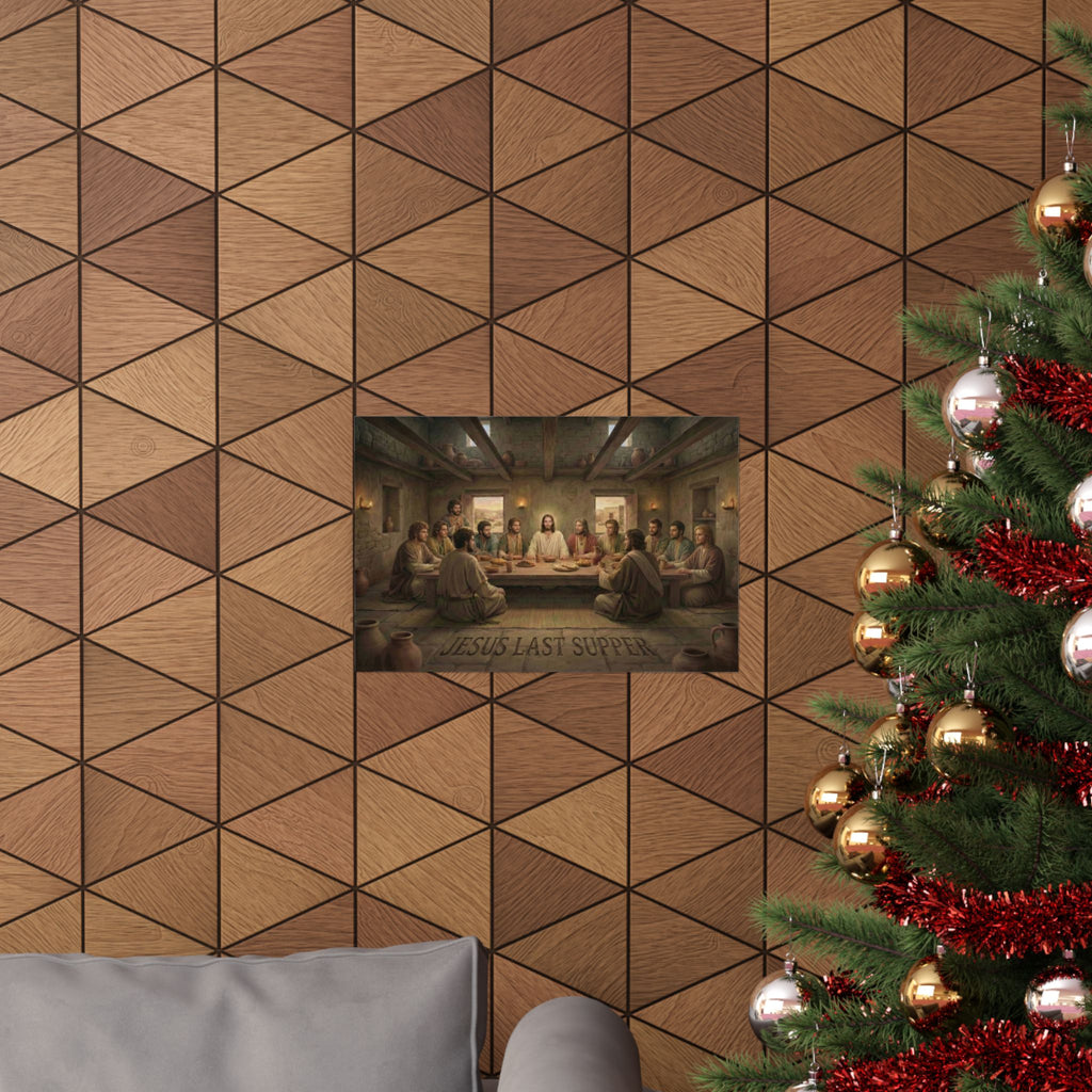 Wooden wall with geometric pattern, framed artwork, and Christmas tree with decorations.