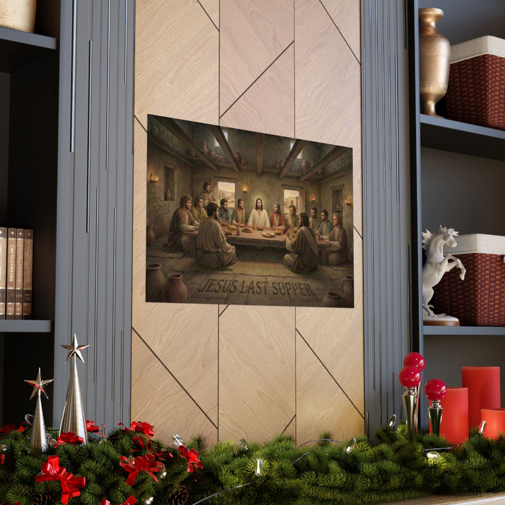 Decorative wall art of 'Jesus Last Supper' in a home setting with Christmas decorations.