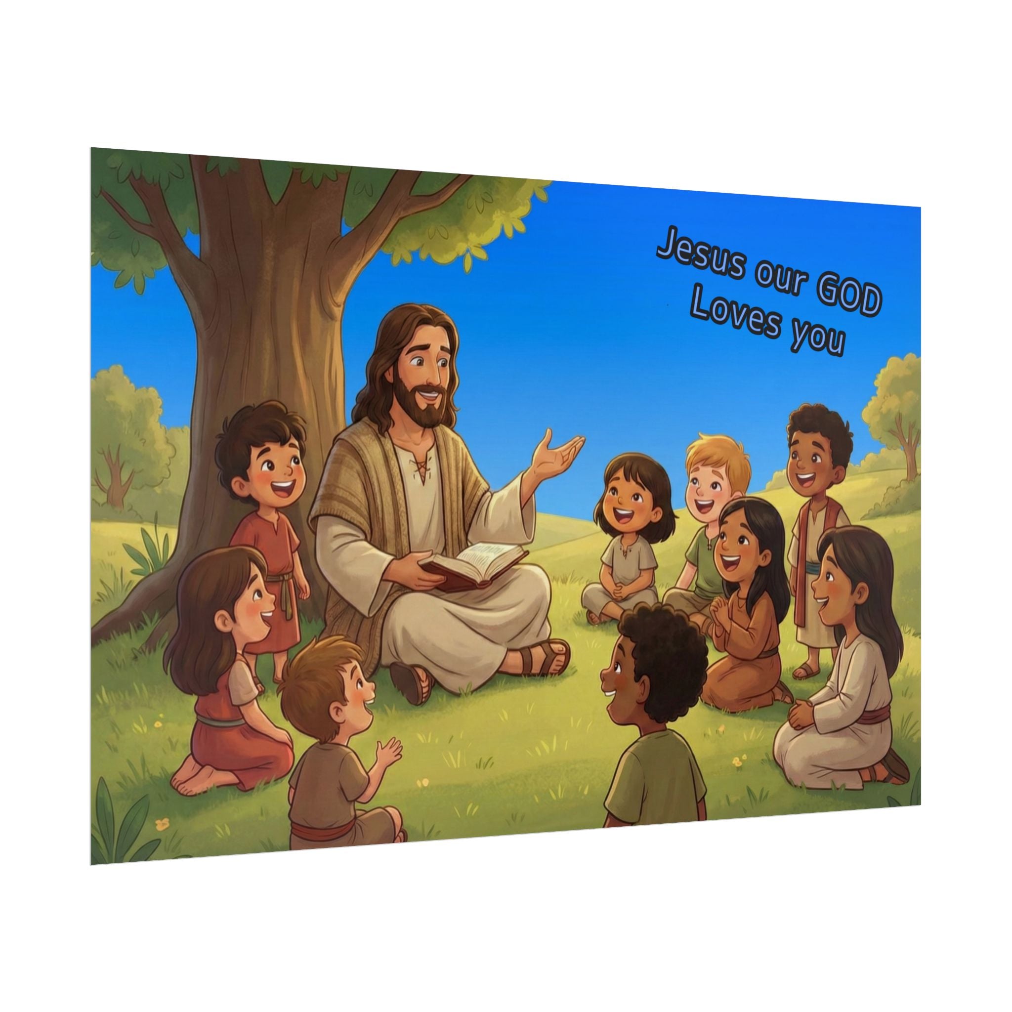 Illustration of Jesus with children under a tree, with text 'Jesus our GOD Loves you' on a blue sky background.