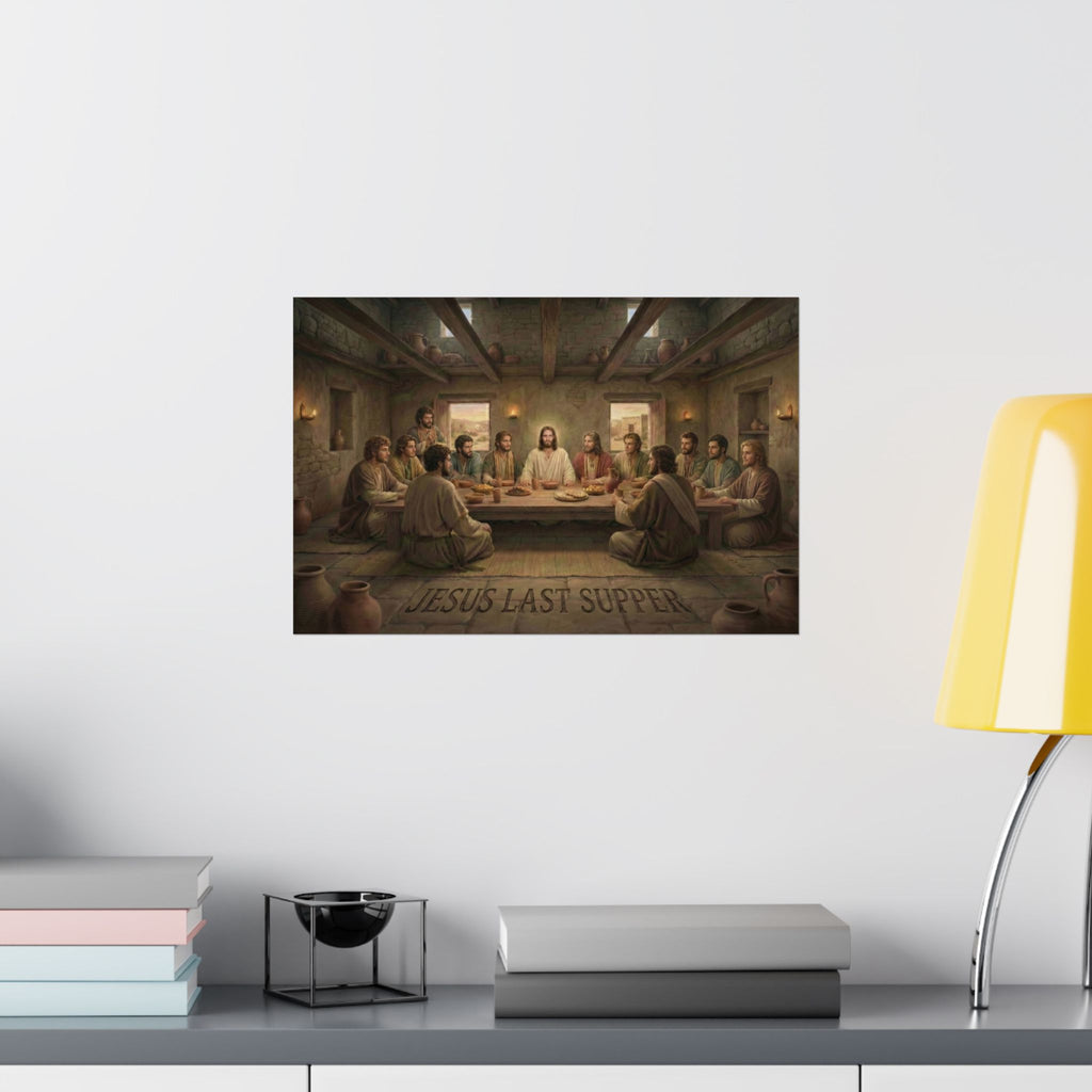 Poster of 'Jesus Last Supper' on a wall above a shelf with books and a lamp.
