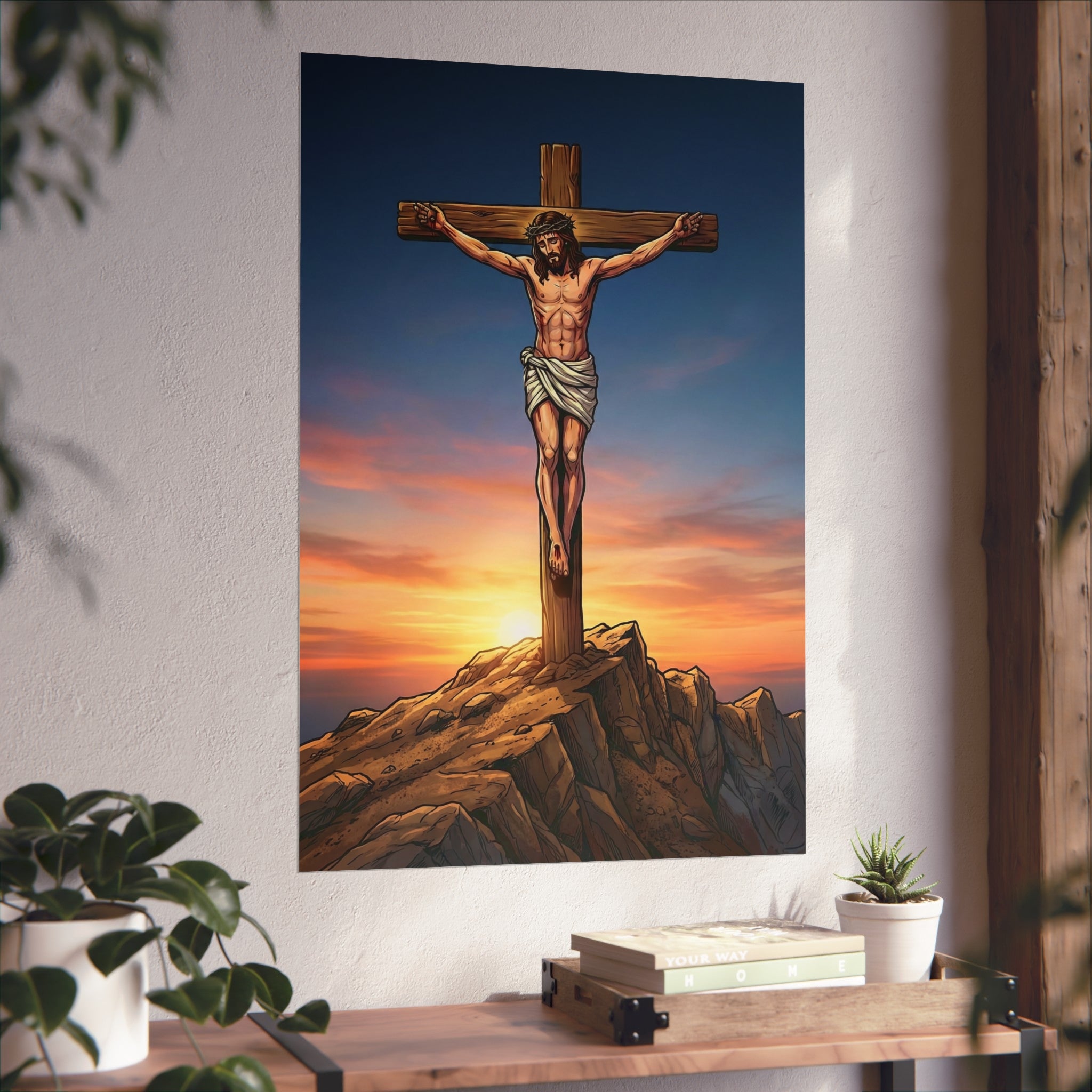 Artistic depiction of a crucifixion scene on a wall with a sunset background.