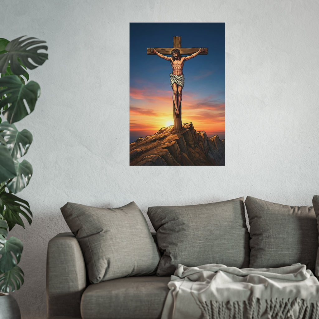Poster of a crucifixion scene on a wall above a sofa with a plant to the left.