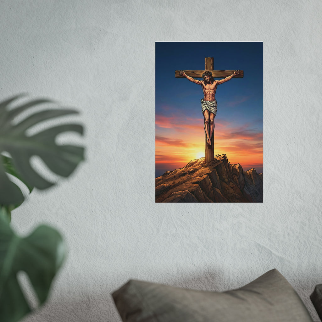 Poster of a crucifixion scene with a sunset background on a wall.