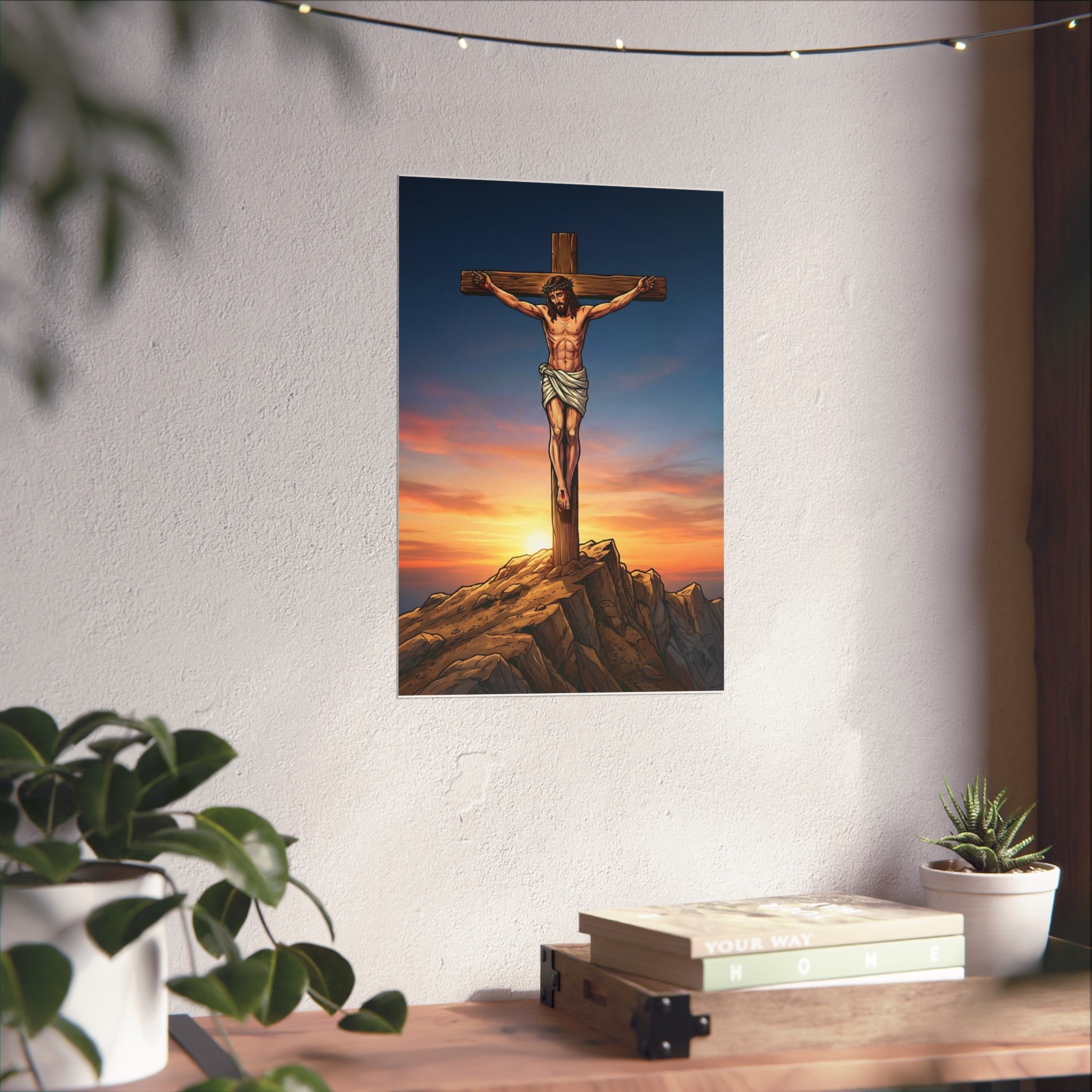 Art print of a crucifixion scene on a wall with decorative elements.