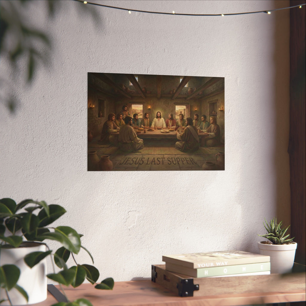 Poster of 'Jesus Last Supper' on a wall with plants and books in the foreground.