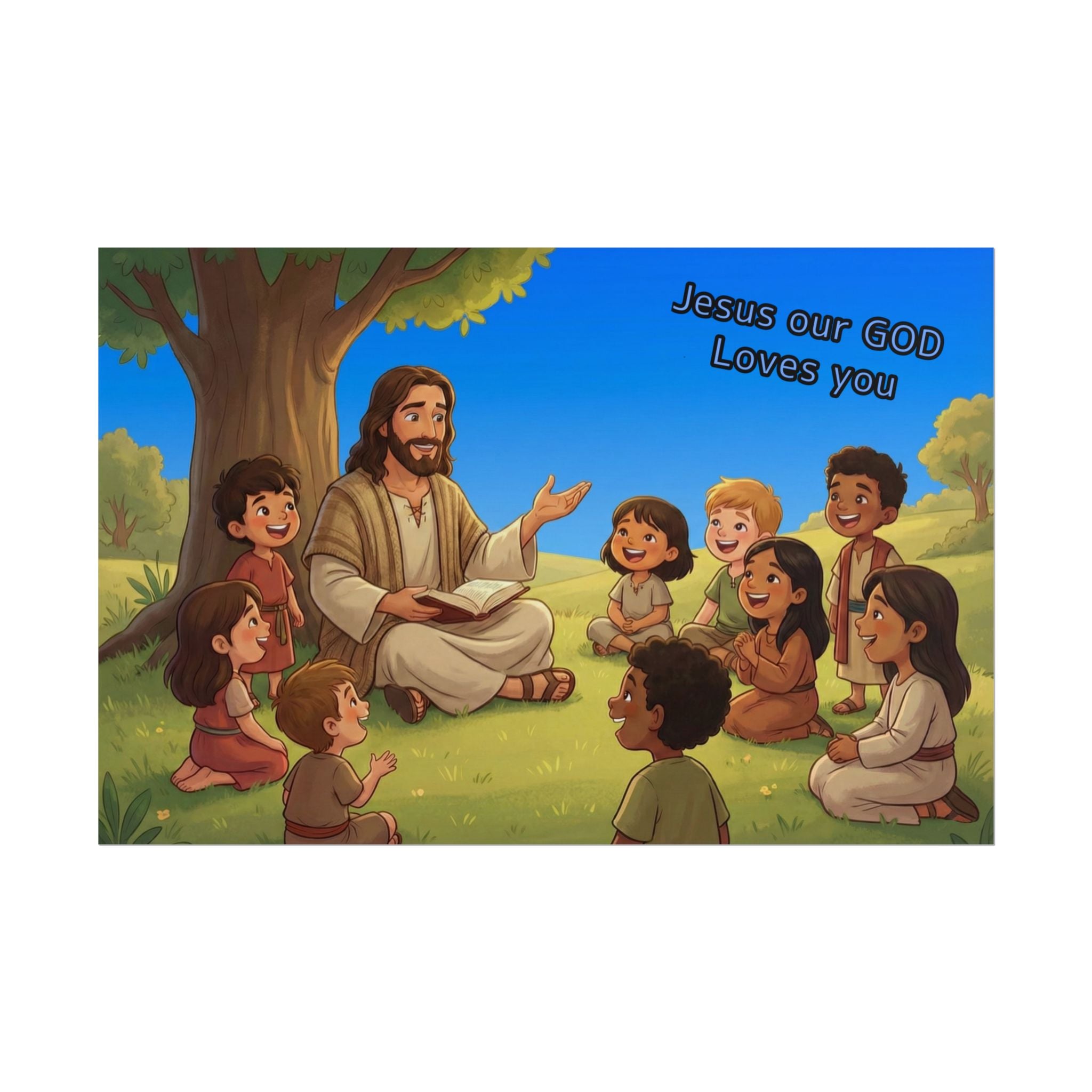 Illustration of Jesus with children under a tree, with text 'Jesus our GOD Loves you' on a blue sky background.