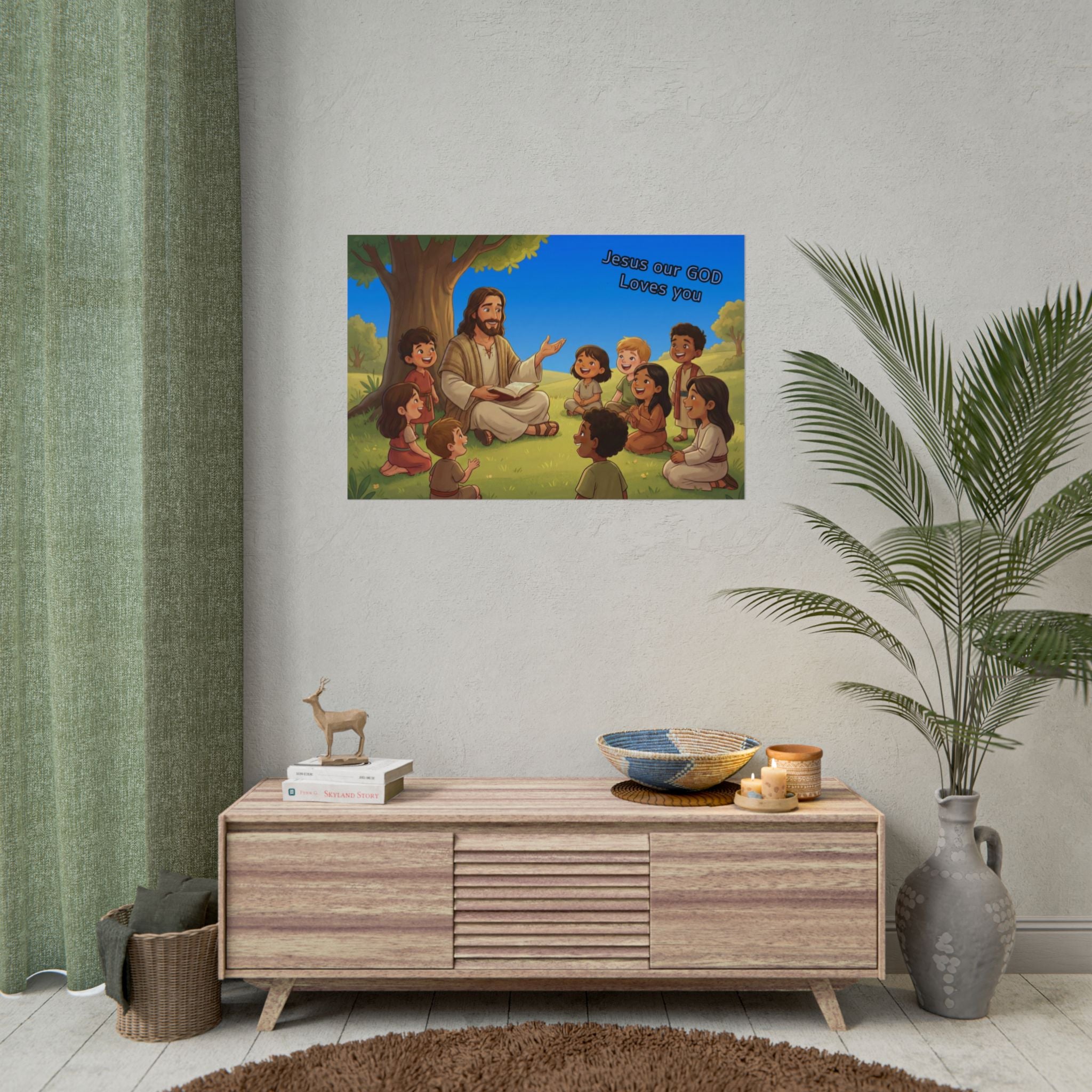Room interior with a wooden cabinet, decorative items, and a wall poster of Jesus with children.