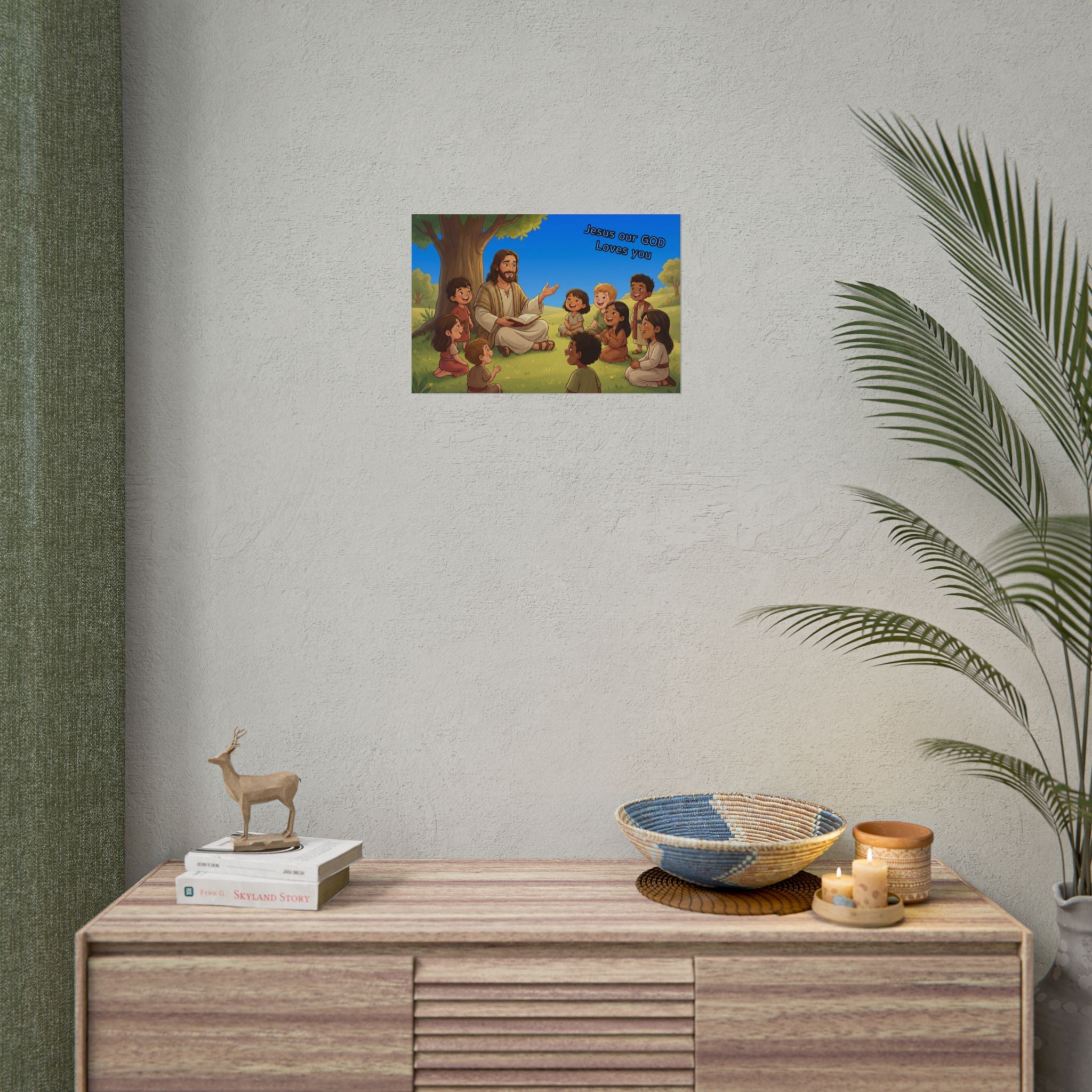 Framed artwork of a religious scene on a wall above a wooden console table with decorative items.