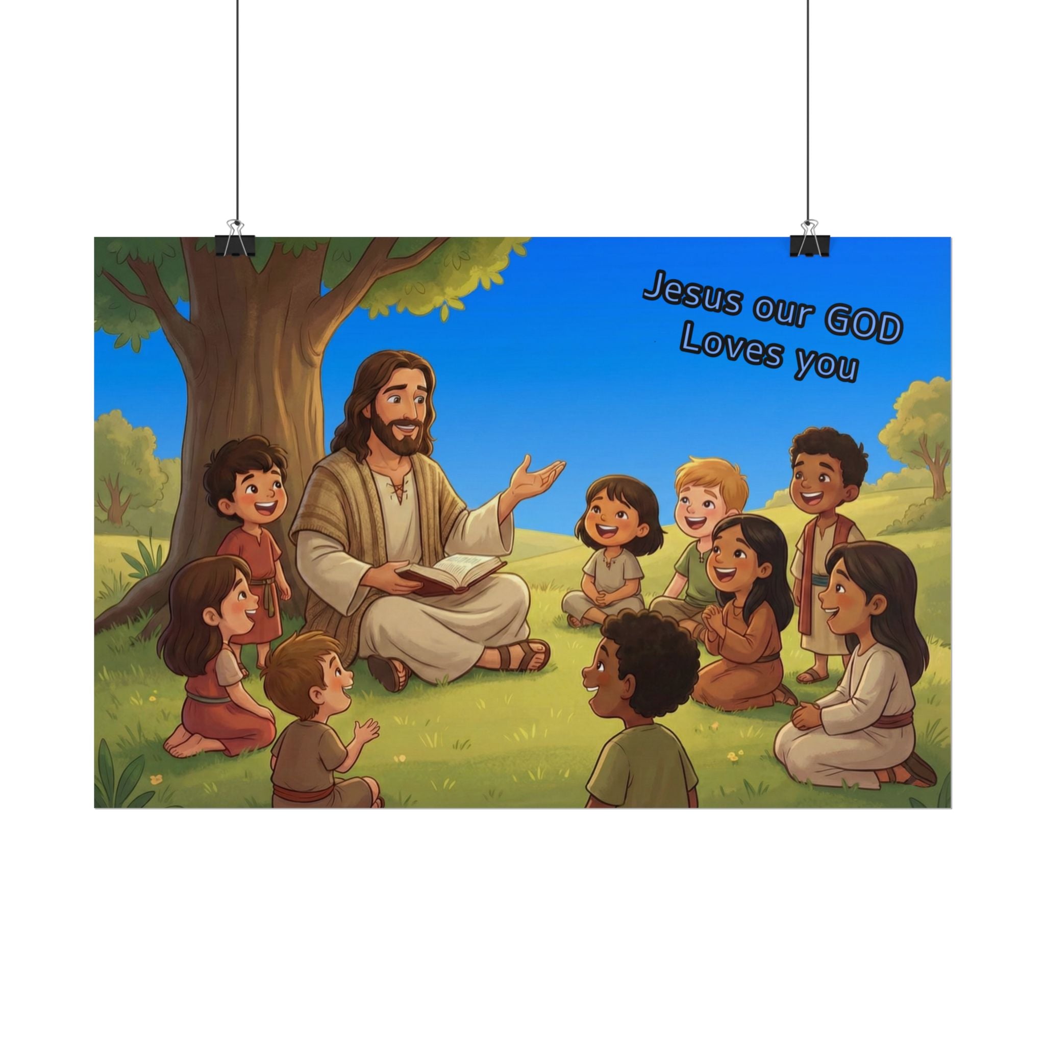 Illustration of Jesus with children under a tree, with text 'Jesus our GOD Loves you' on a blue sky background.
