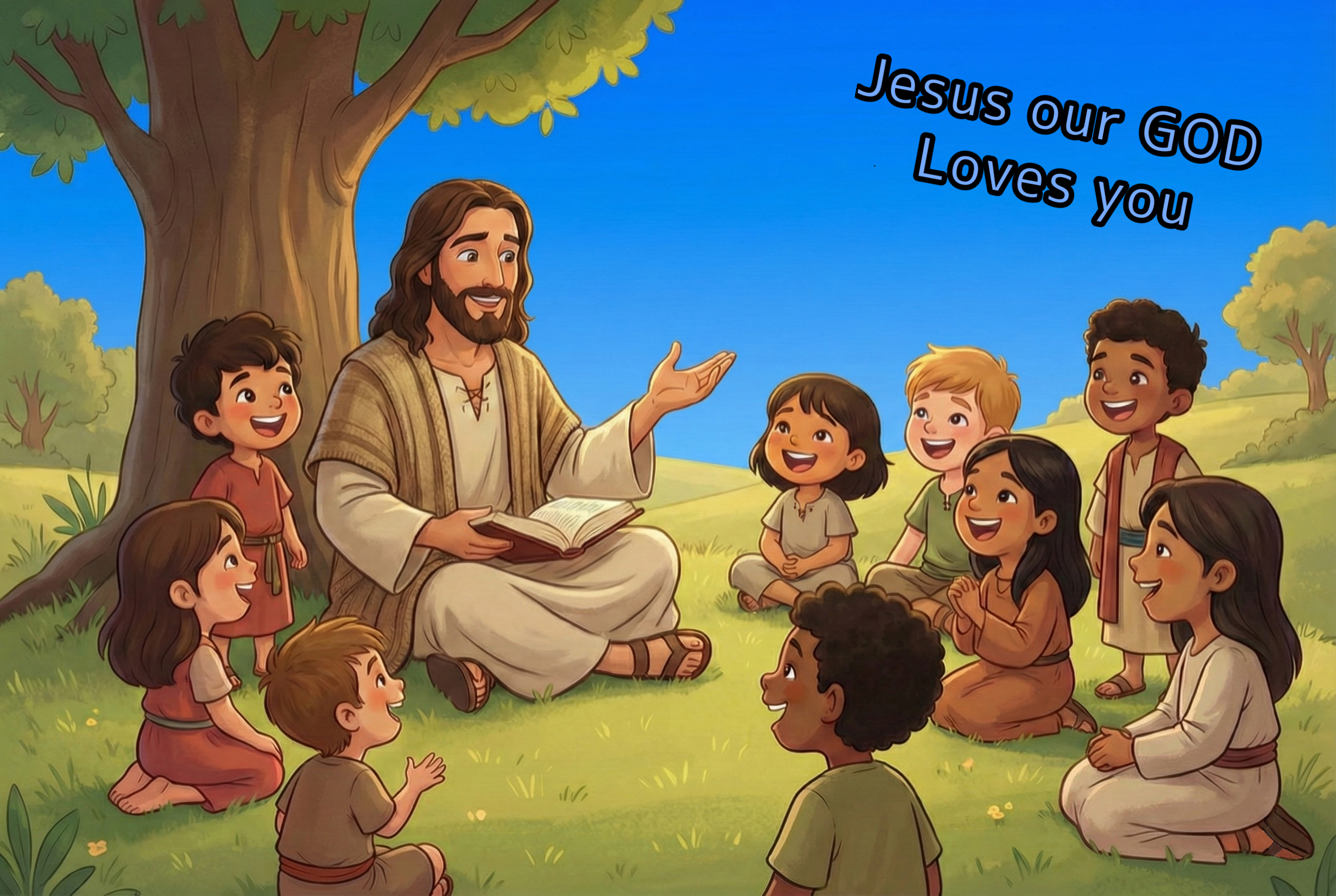 Illustration of Jesus sitting with children under a tree, with text 'Jesus our GOD Loves you'.