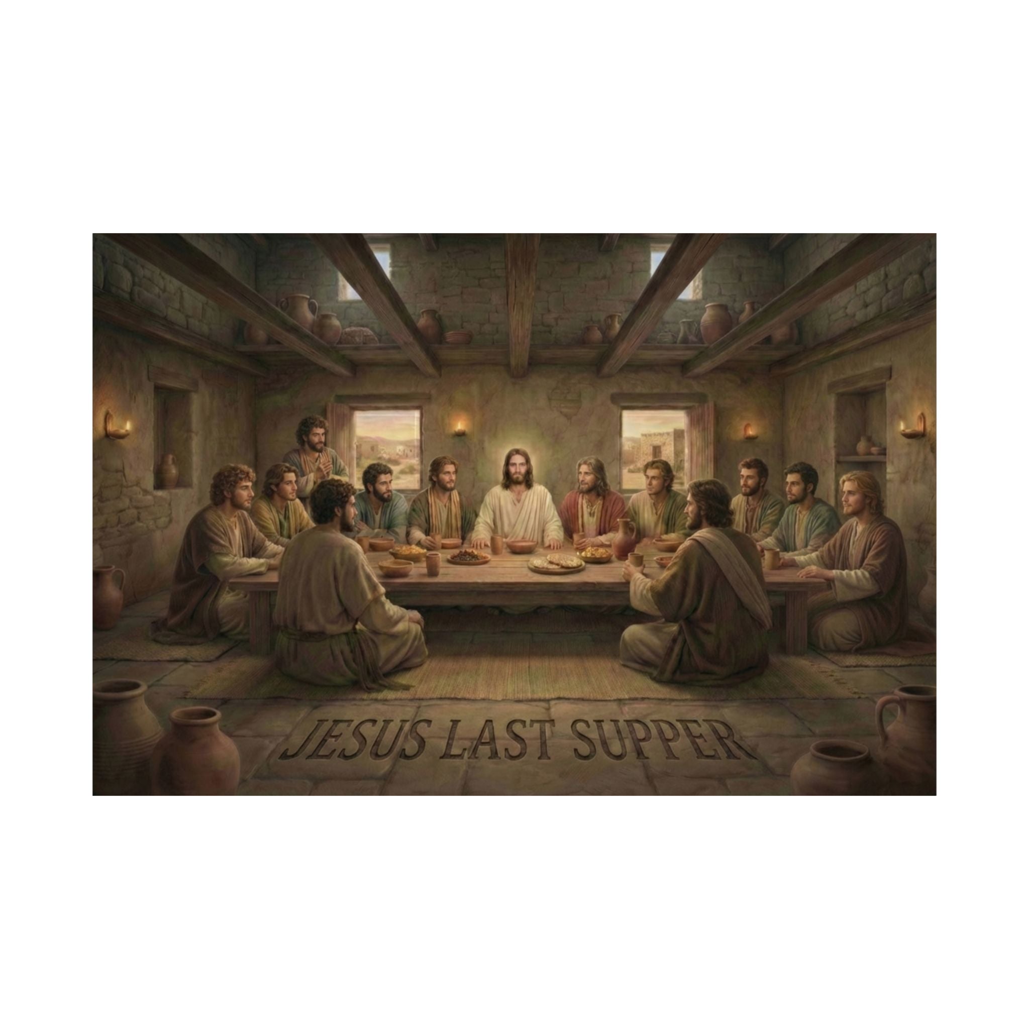 Reproduction of 'The Last Supper' with Jesus and disciples around a table.