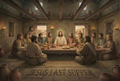Illustration of Jesus' Last Supper with disciples around a table in a rustic room.