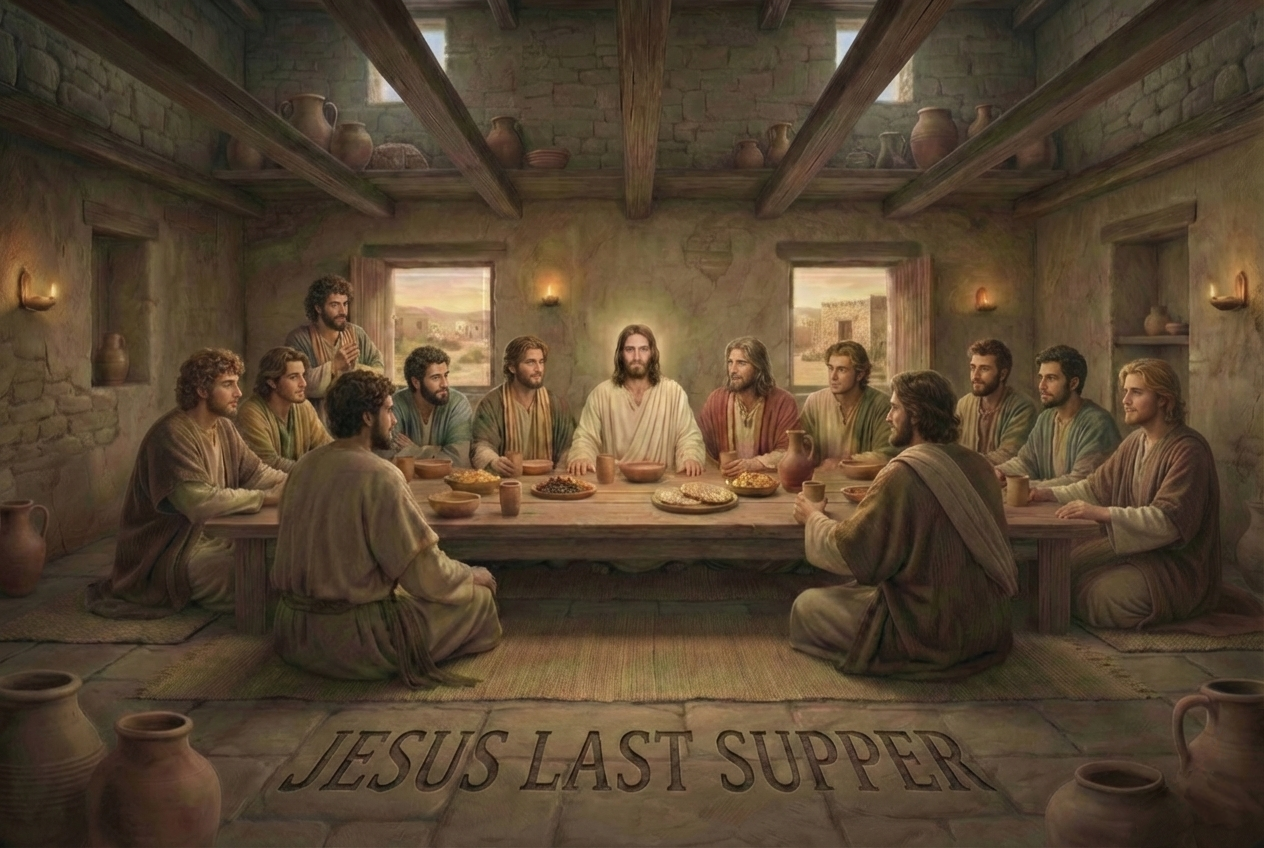 Illustration of Jesus' Last Supper with disciples around a table in a rustic room.