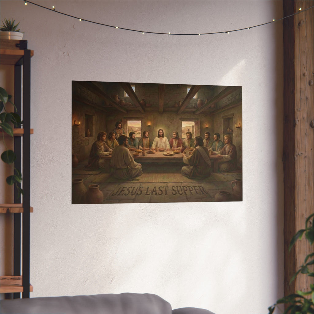 Poster of 'Jesus Last Supper' on a wall in a room with a shelf and plants.