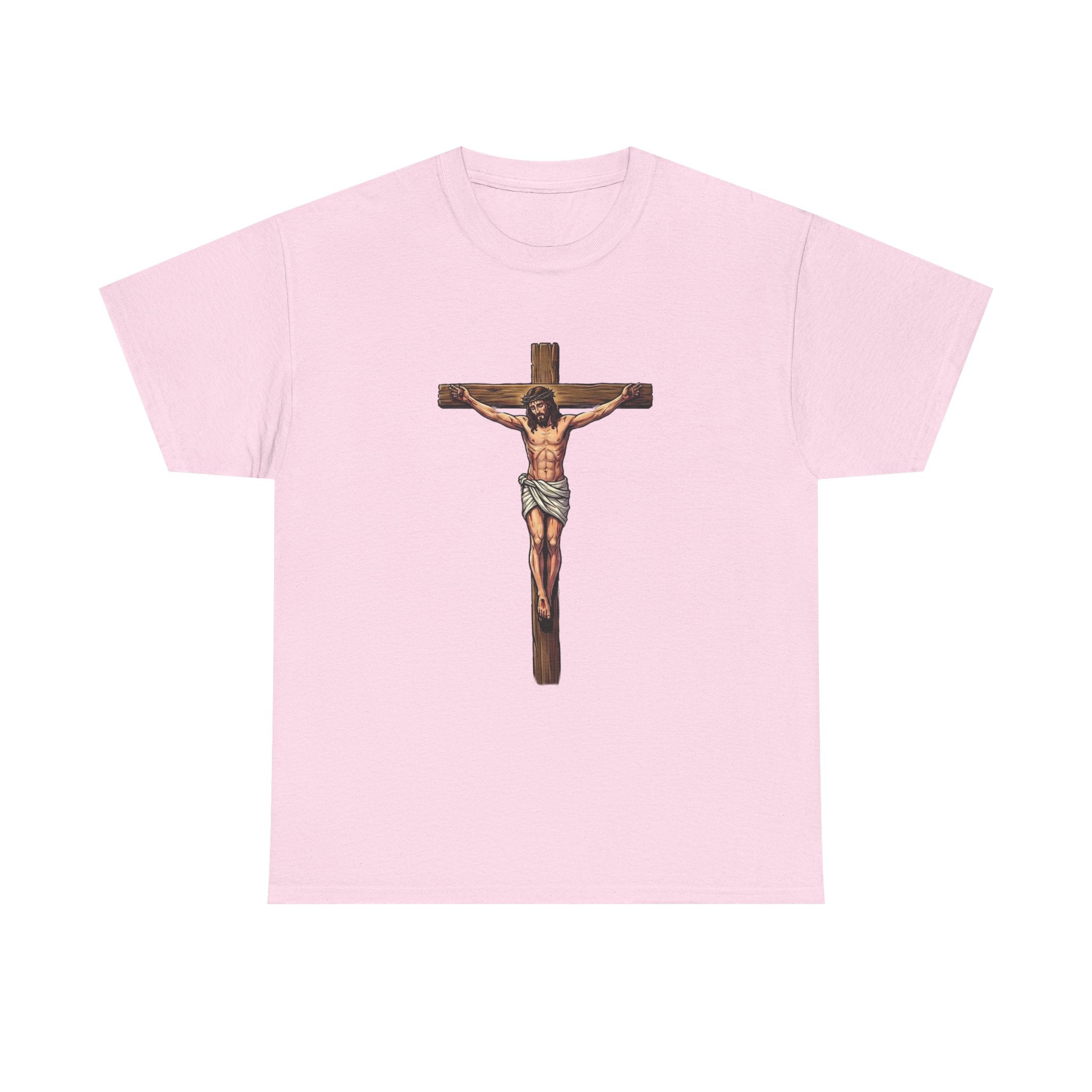 Pink t-shirt with a graphic of a crucifixion on a white background