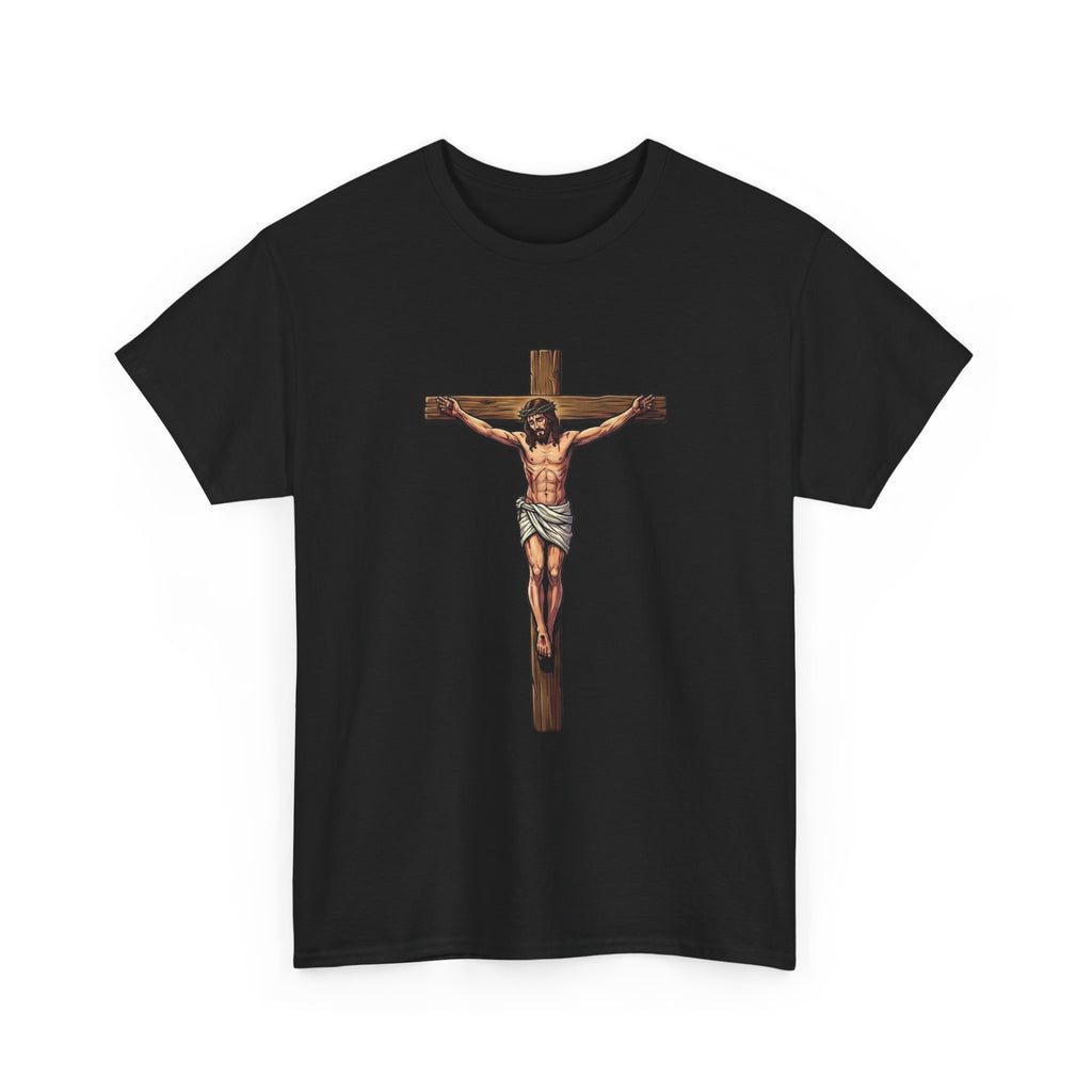 Black t-shirt with graphic design and text on a white background