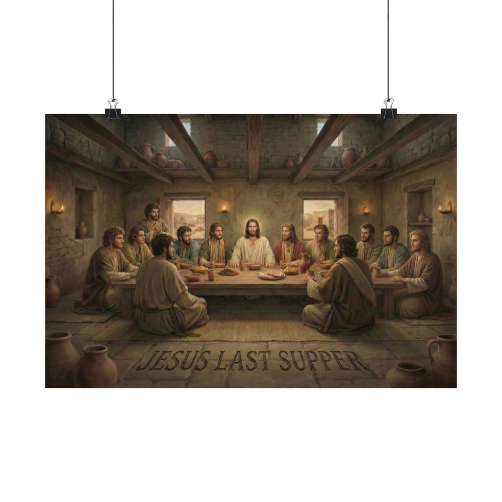 Reproduction of 'The Last Supper' with Jesus and disciples around a table.