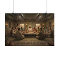 Reproduction of 'The Last Supper' with Jesus and disciples around a table.