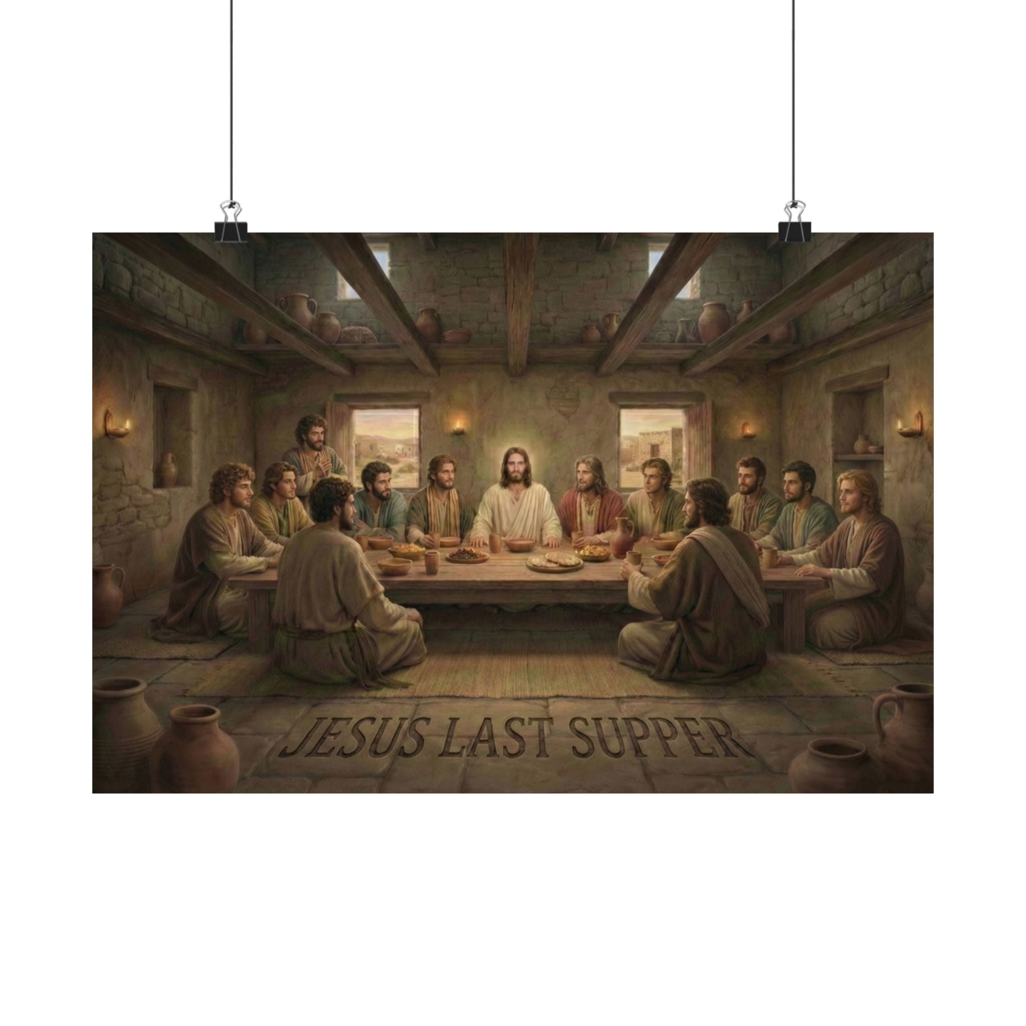 Reproduction of 'The Last Supper' with Jesus and disciples around a table.