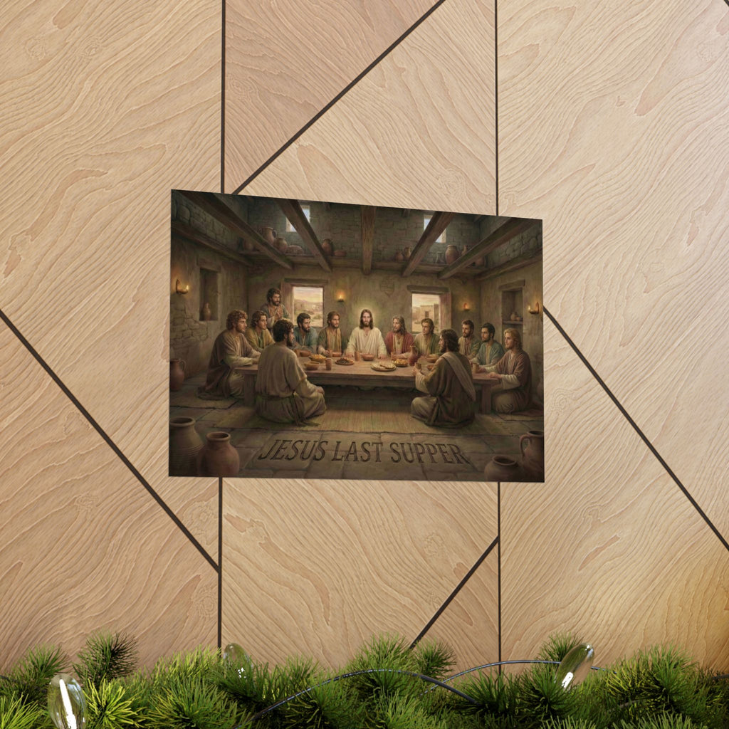 Poster of 'Jesus Last Supper' on a wooden panel wall.