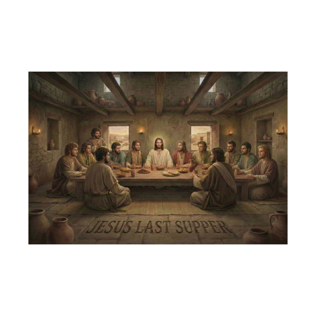 Reproduction of 'The Last Supper' with Jesus and disciples around a table.