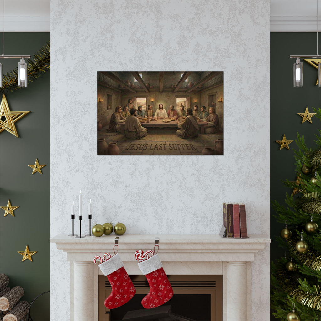 Festive living room with Christmas decorations, including stockings and a tree, featuring a painting of 'The Last Supper' above a fireplace.
