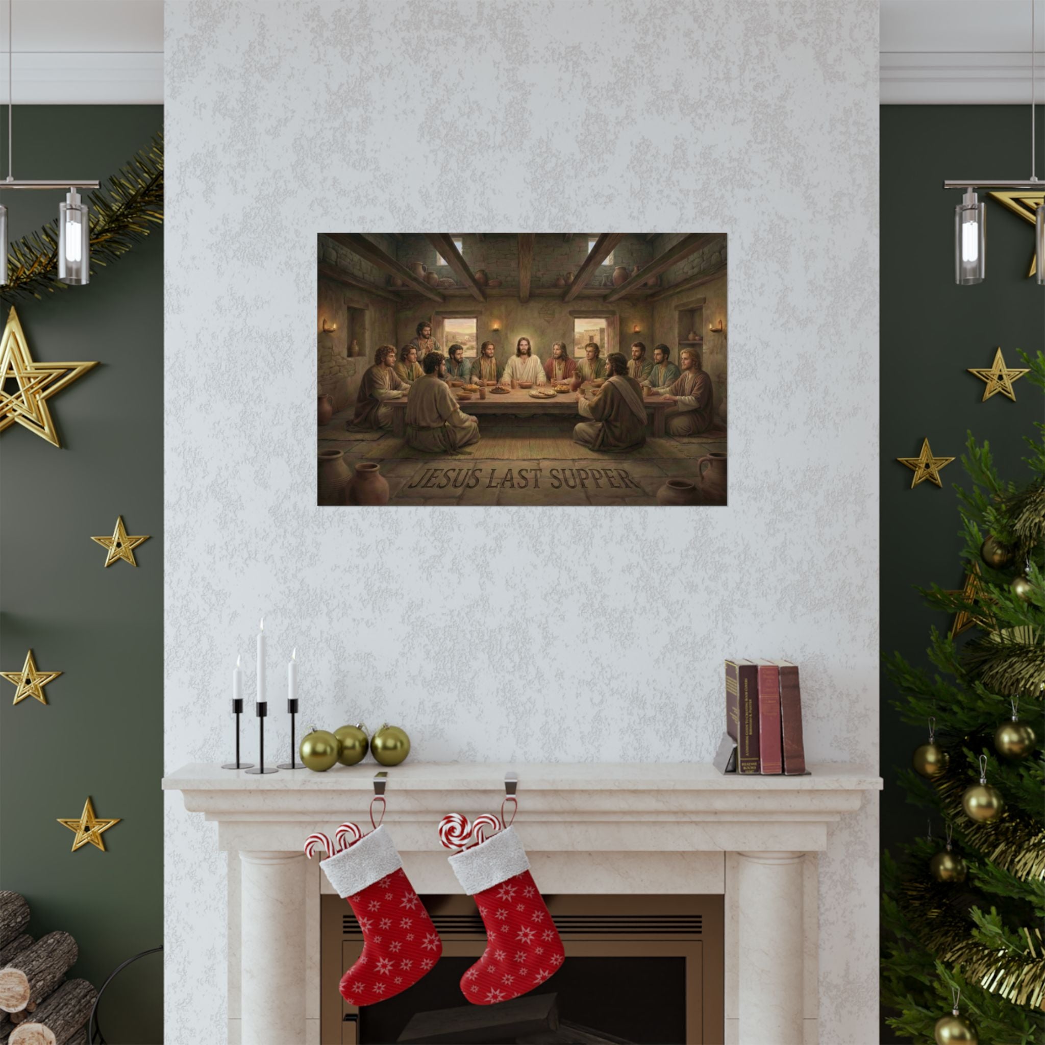 Festive living room with Christmas decorations, including stockings and a tree, featuring a painting of 'The Last Supper' above a fireplace.