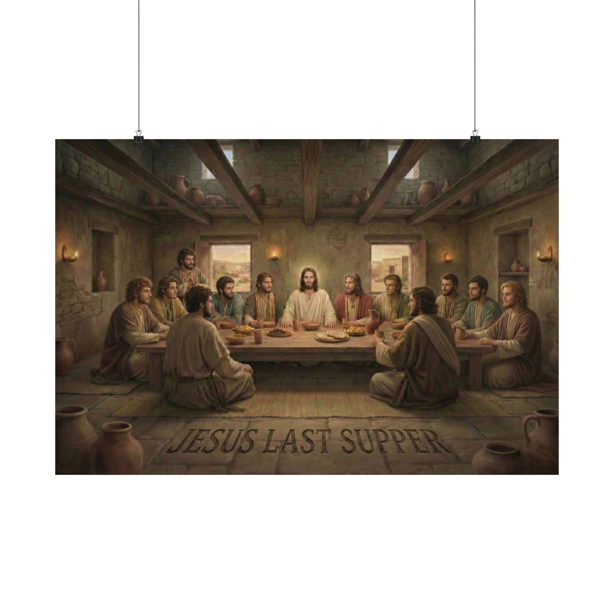 Painting of Jesus' Last Supper with disciples around a table.