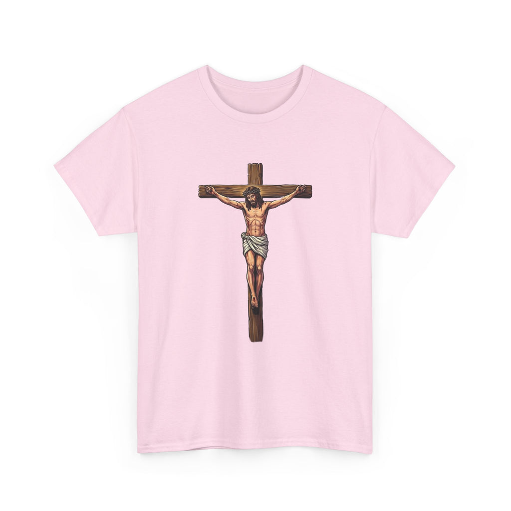 Pink t-shirt with a graphic of a crucifixion on a white background