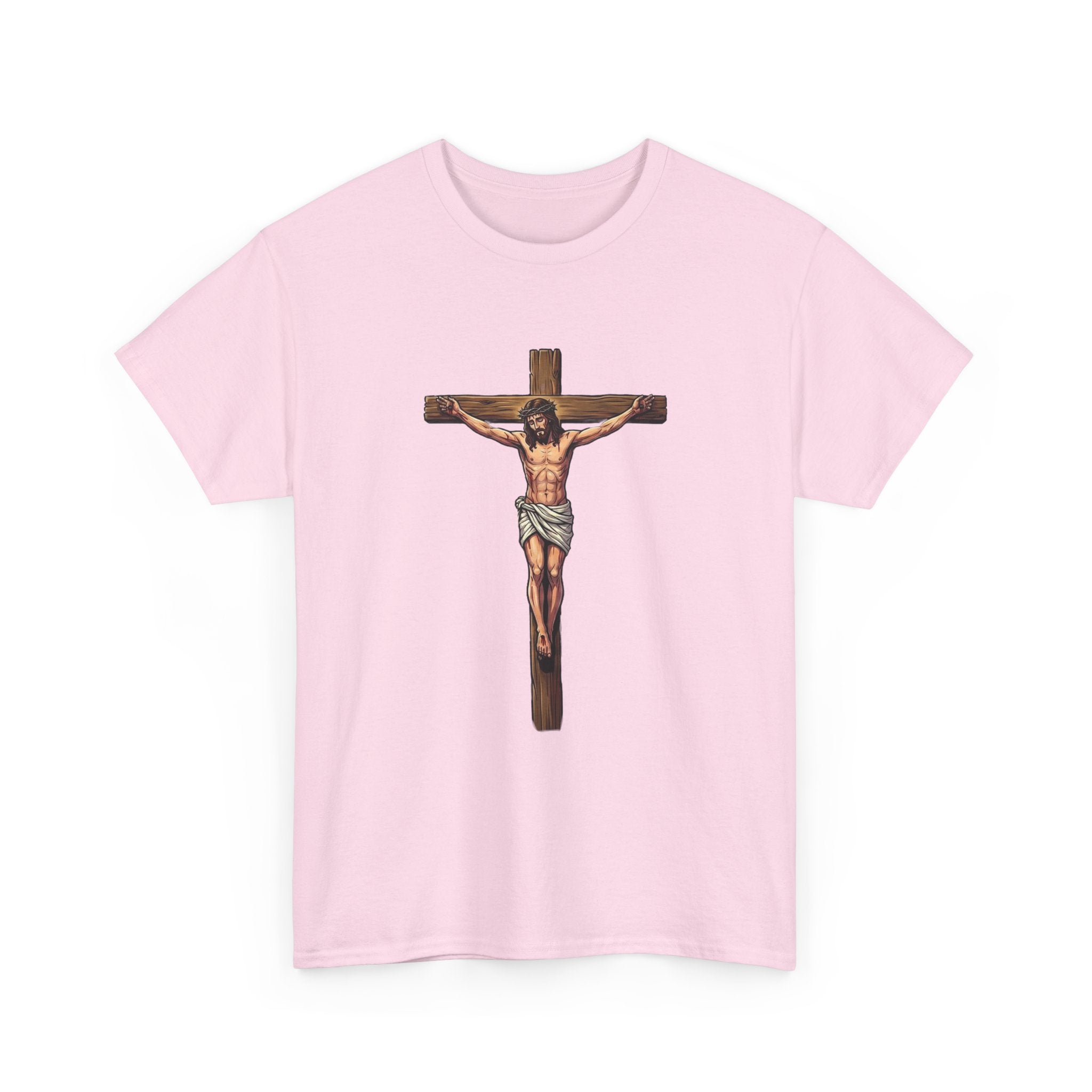 Pink t-shirt with a graphic of a crucifixion on a white background