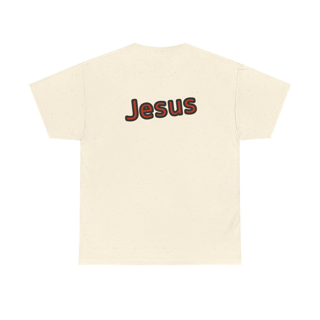 Beige t-shirt with 'Jesus' printed on the back against a white background