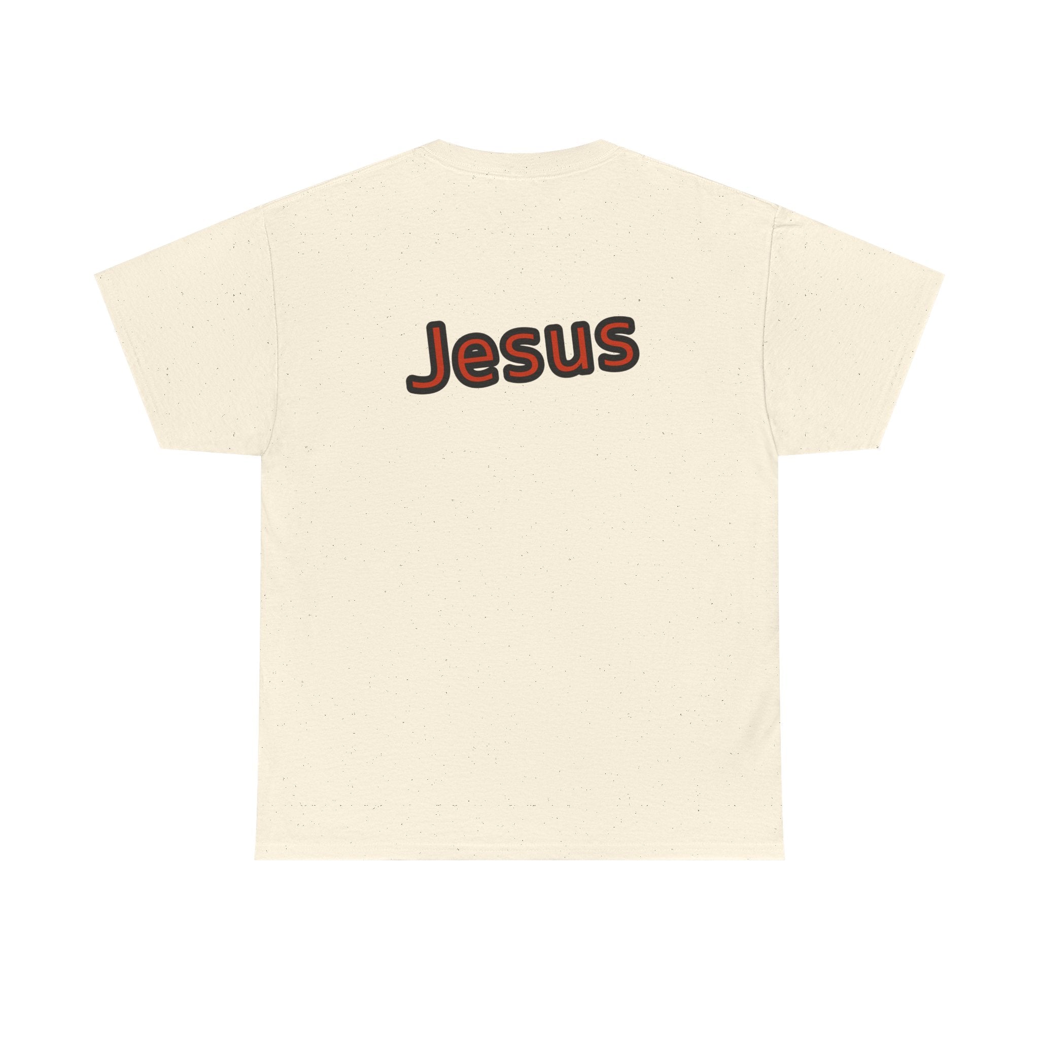 Beige t-shirt with 'Jesus' printed on the back against a white background