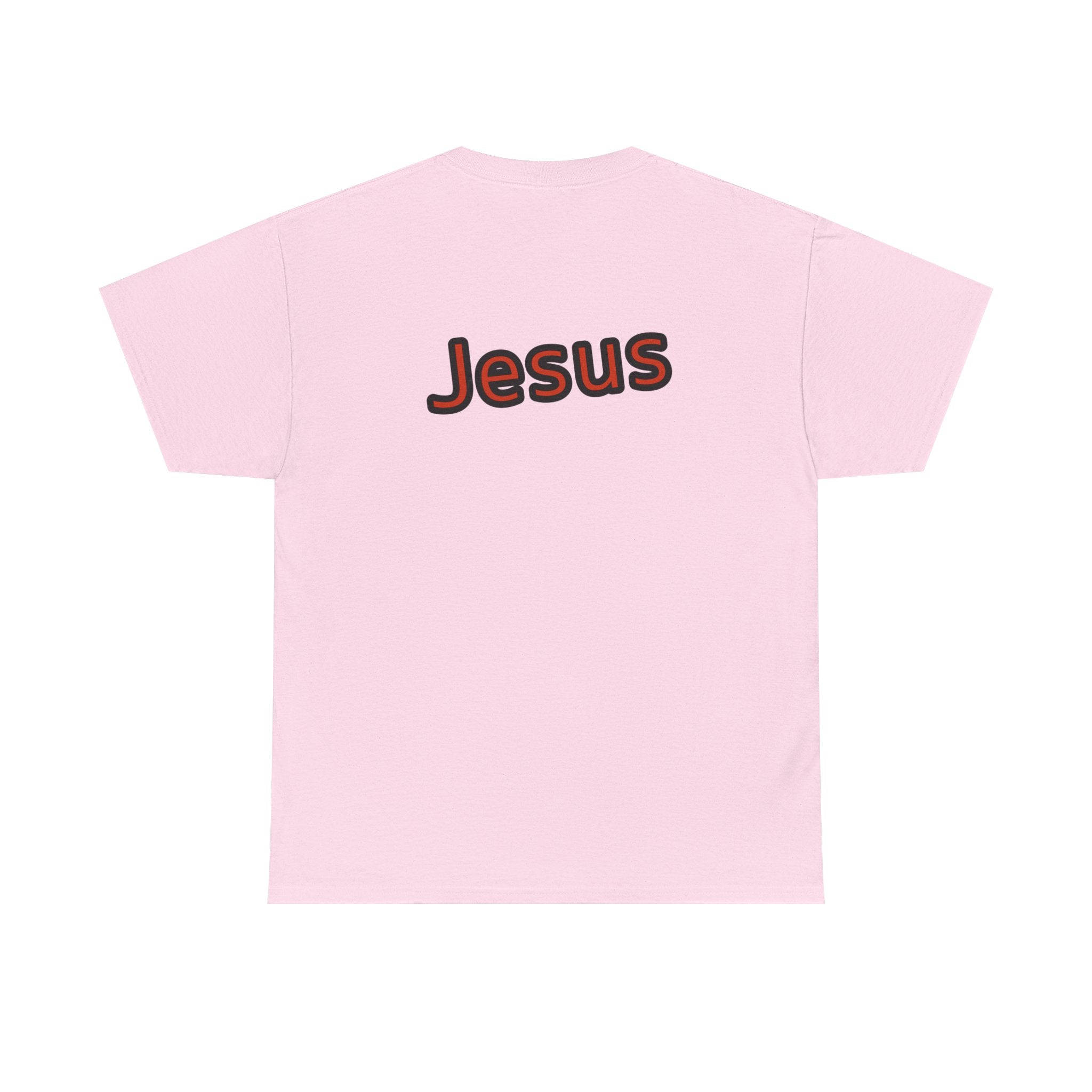 Pink t-shirt with 'Jesus' printed on the back against a white background