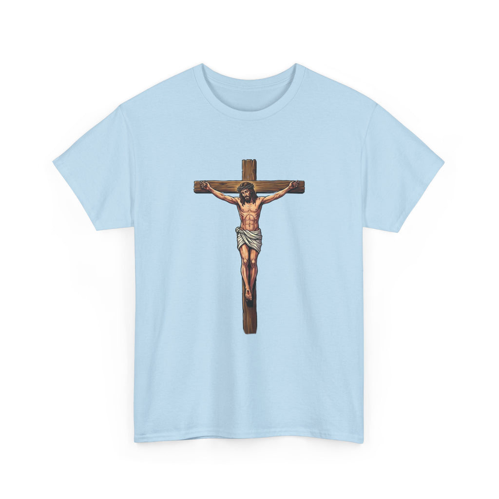Light blue t-shirt with a graphic of a crucifixion on a white background