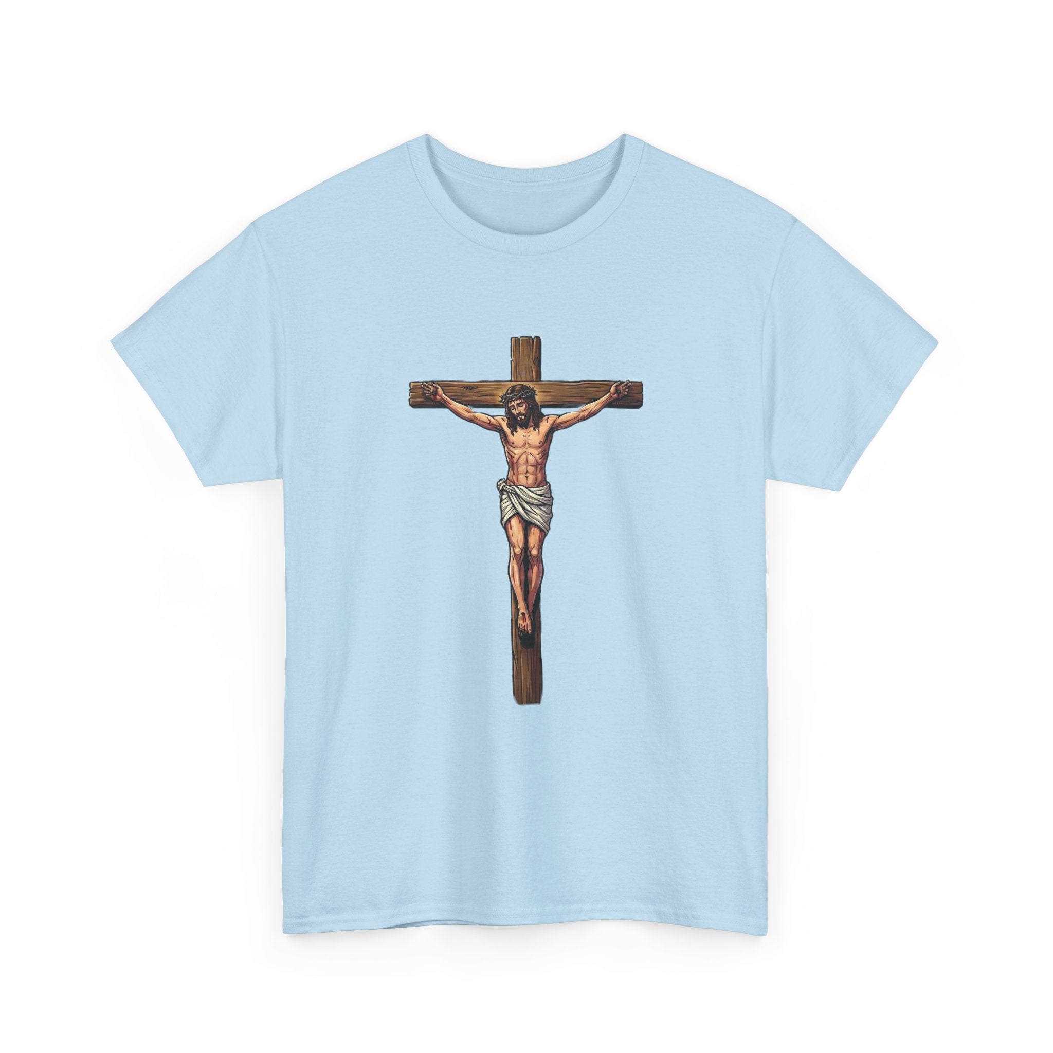 Light blue t-shirt with a graphic of a crucifixion on a white background