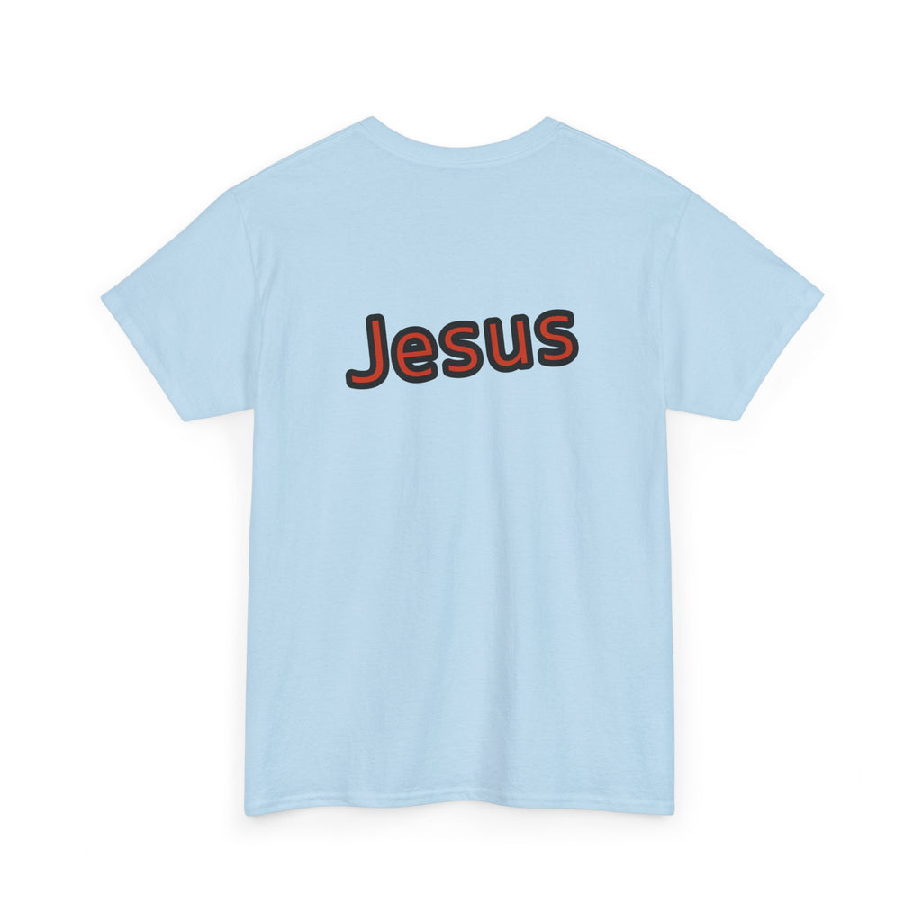 Light blue t-shirt with 'Jesus' printed on the back against a white background