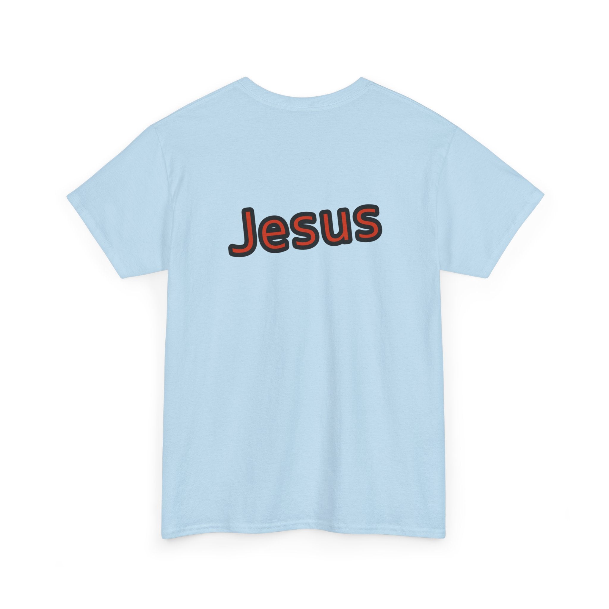 Light blue t-shirt with 'Jesus' printed on the back against a white background