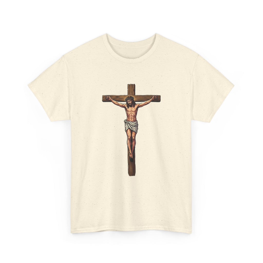 Beige t-shirt with a graphic of a person on a cross on a white background