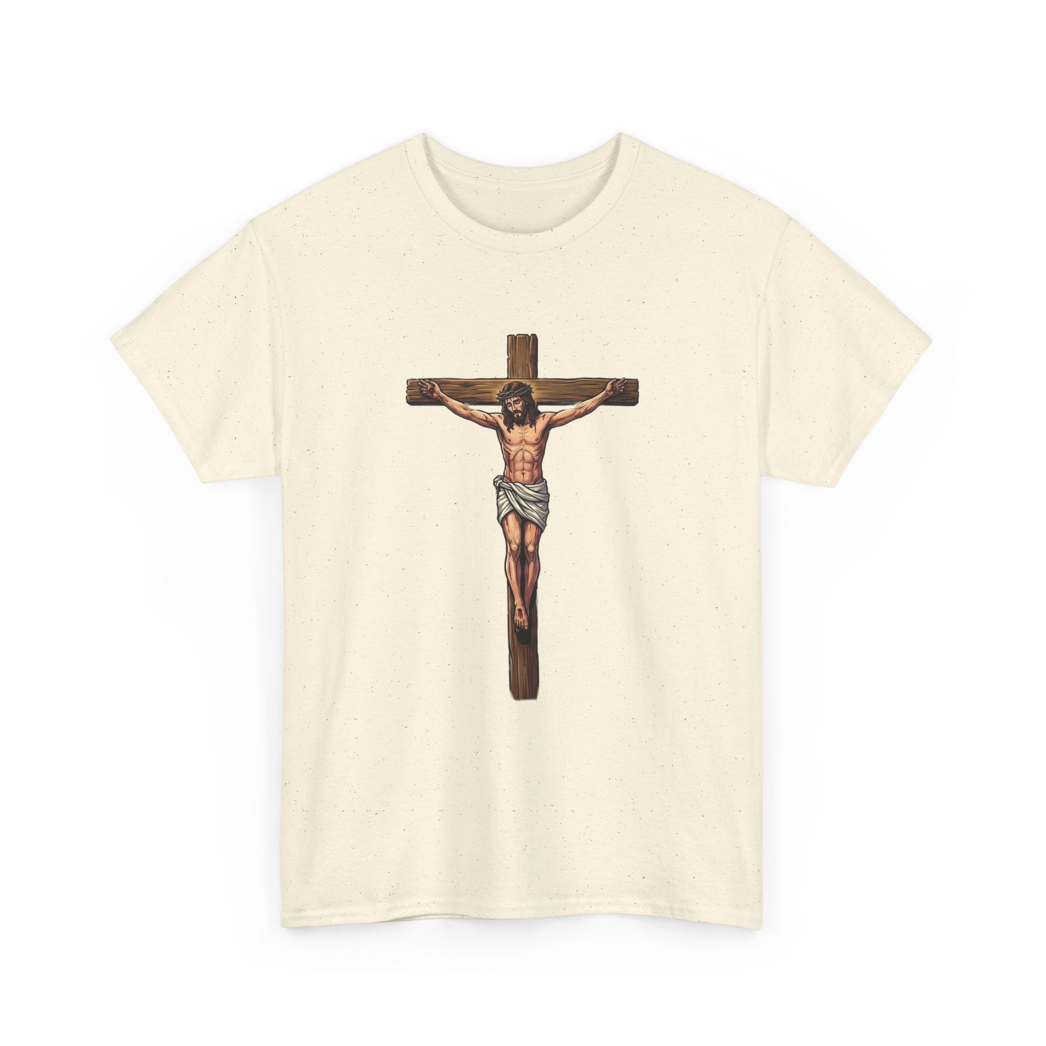 Beige t-shirt with a graphic of a person on a cross on a white background