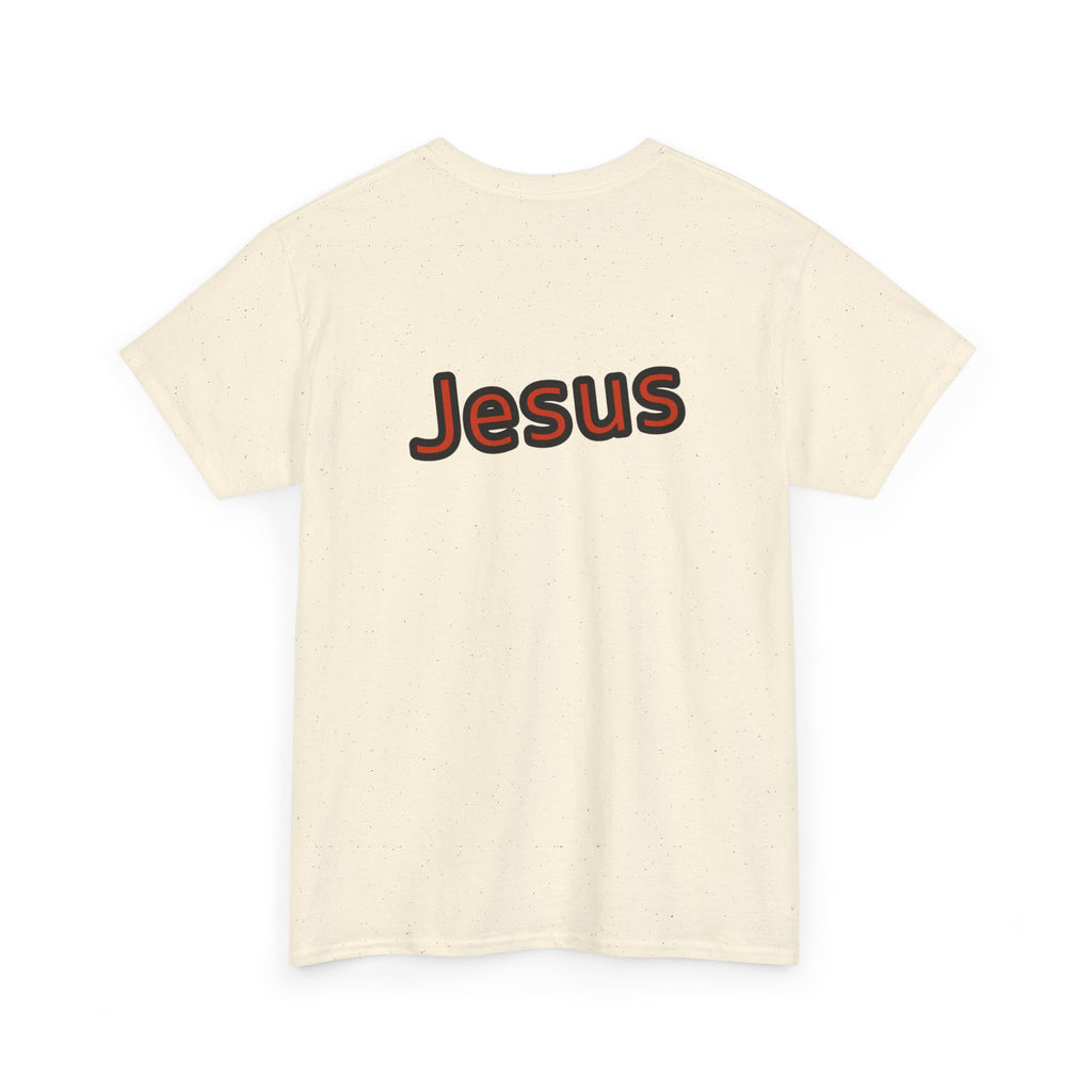 Beige t-shirt with 'Jesus' printed on the back against a white background