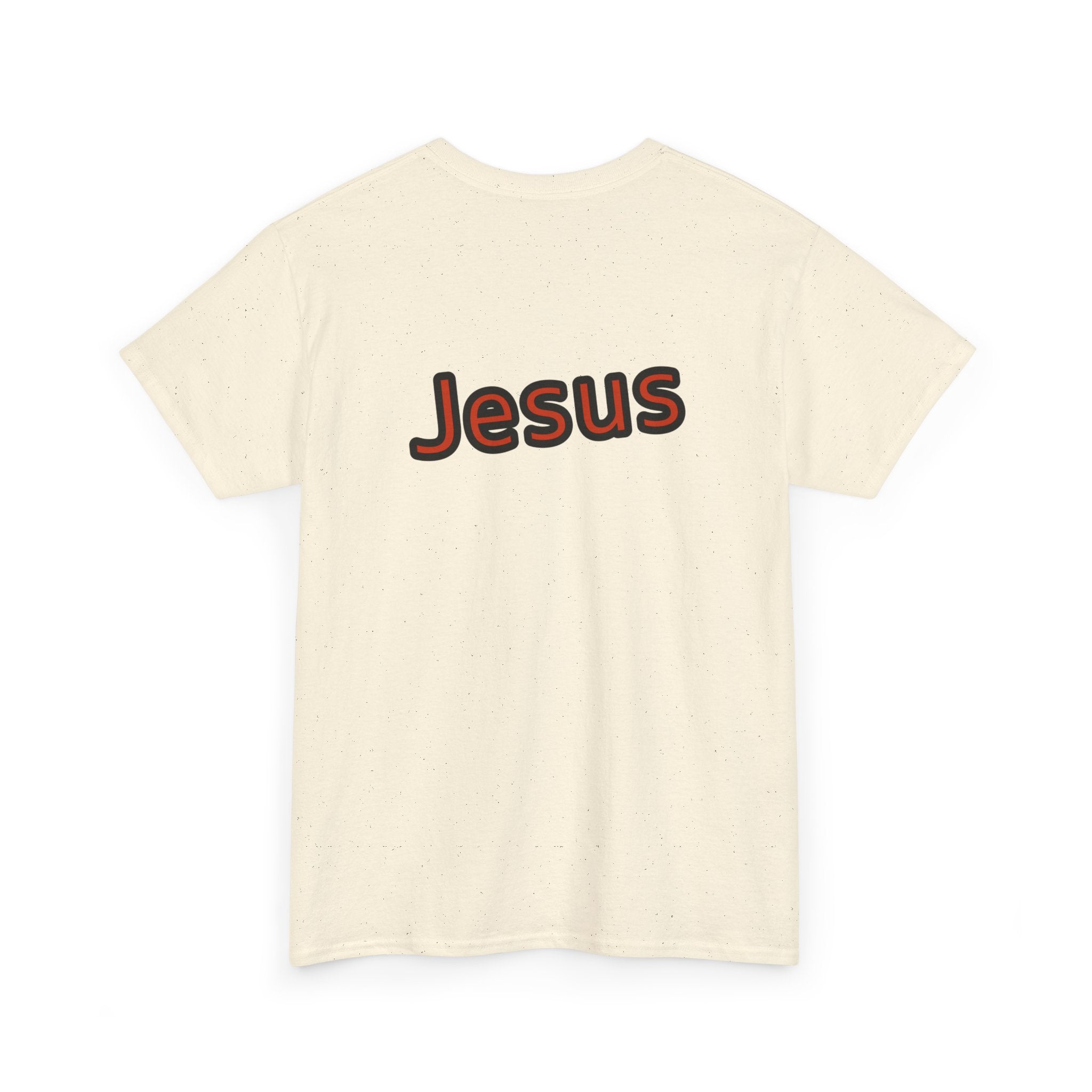 Beige t-shirt with 'Jesus' printed on the back against a white background