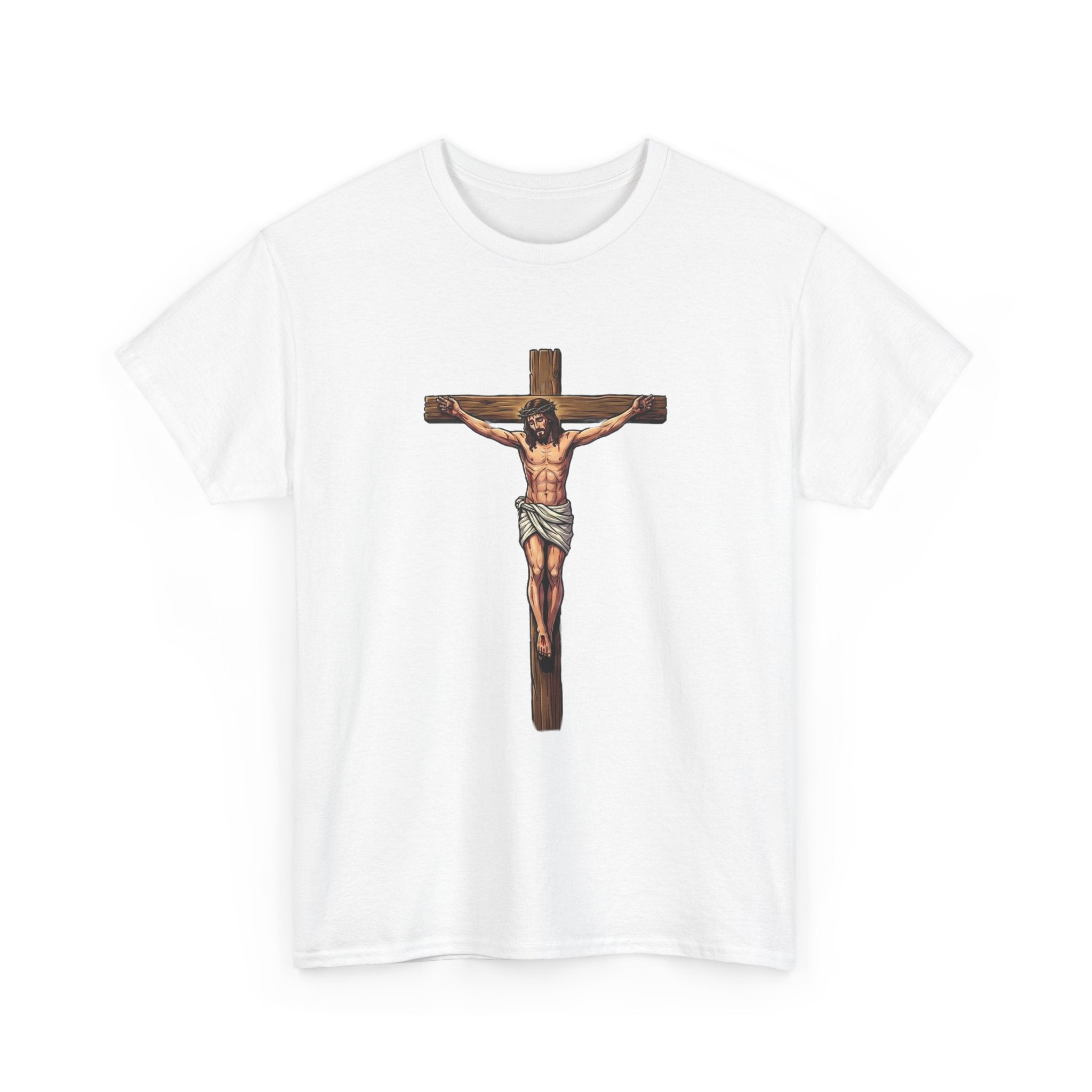 White t-shirt with a graphic of a crucifixion design on a white background