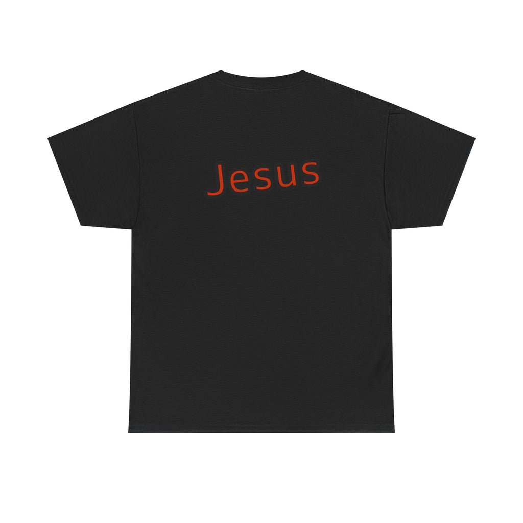 Black t-shirt with 'Jesus' printed in red on the back against a white background