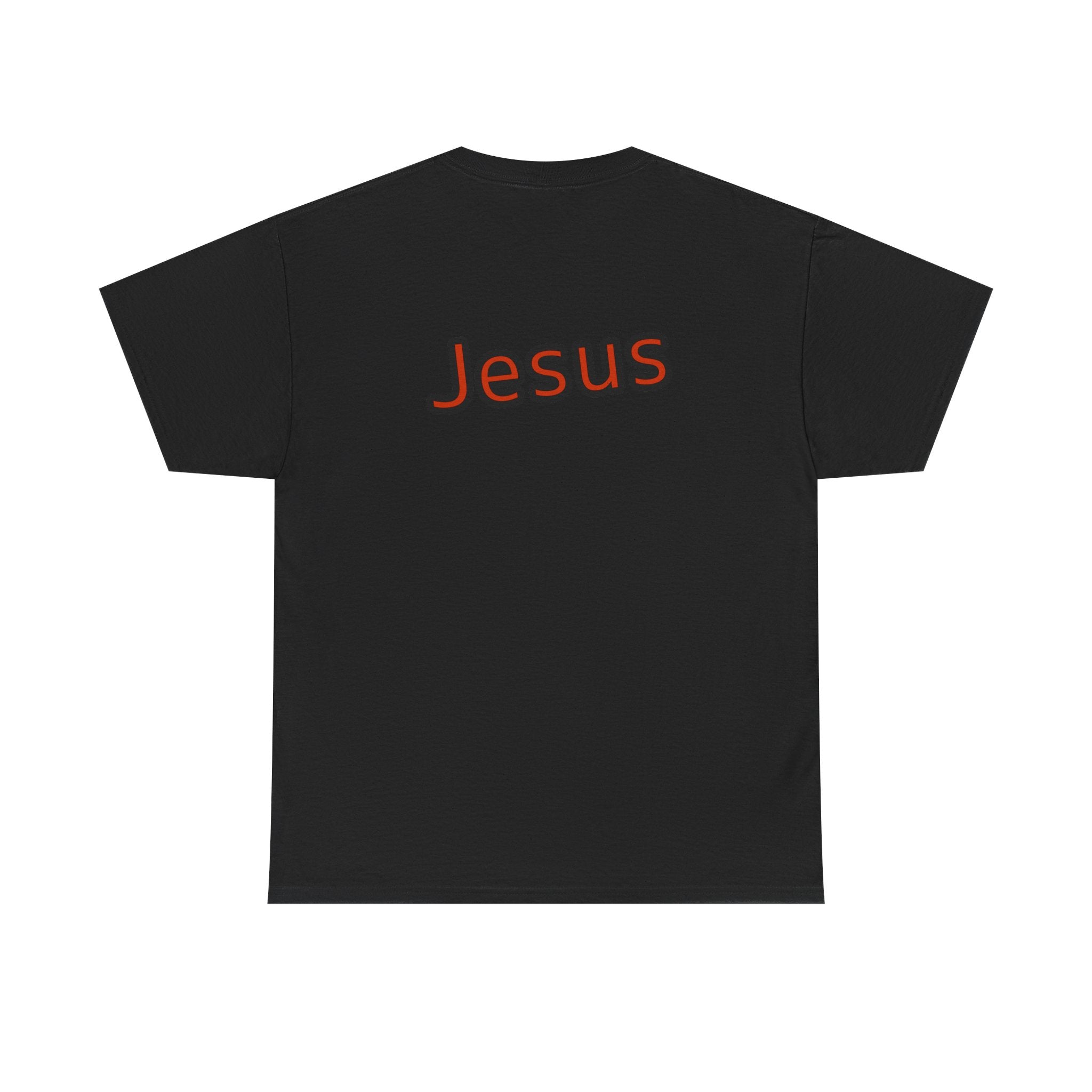 Black t-shirt with 'Jesus' printed in red on the back against a white background