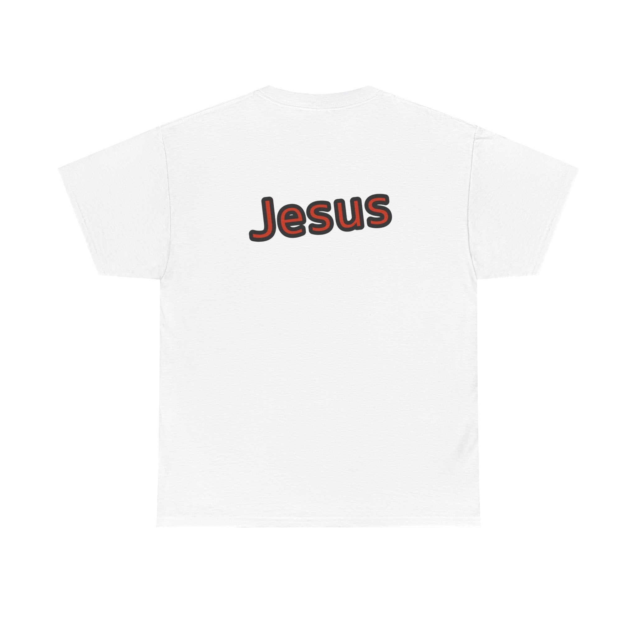 White t-shirt with 'Jesus' printed on it against a white background