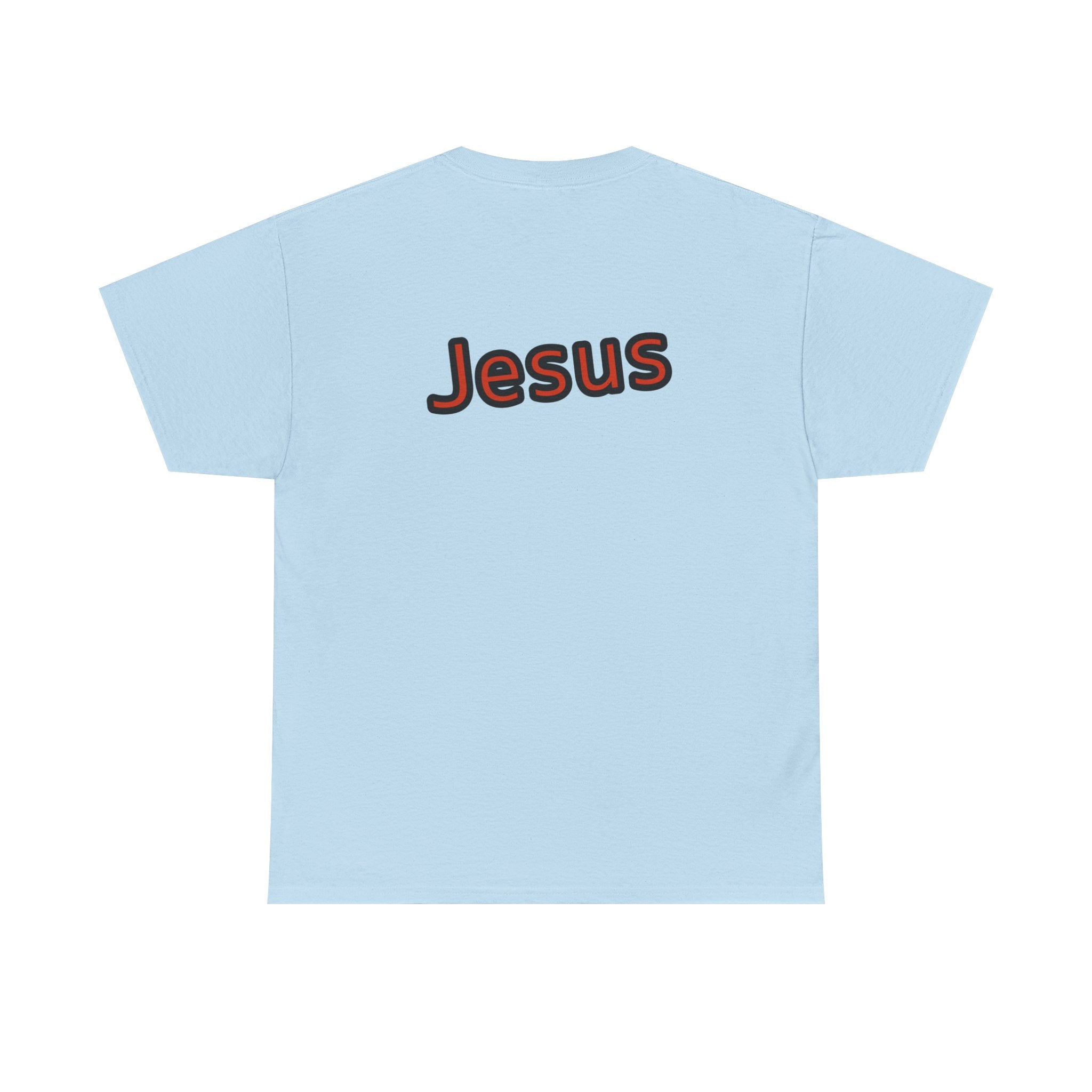 Light blue t-shirt with 'Jesus' printed on the back against a white background